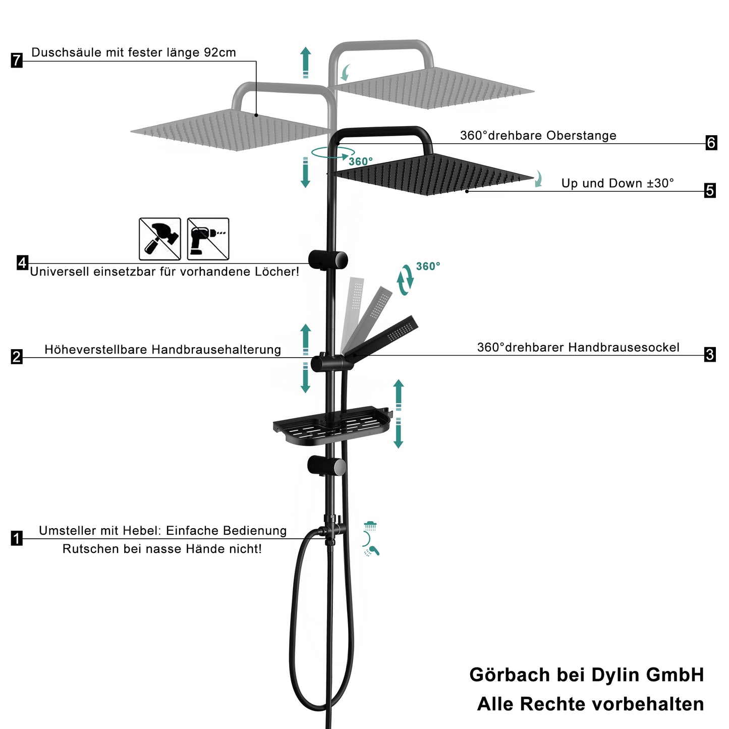 JOHO Regendusche Duschsystem 92 CM mit Ablage Kopfbrause eckig Schwarz