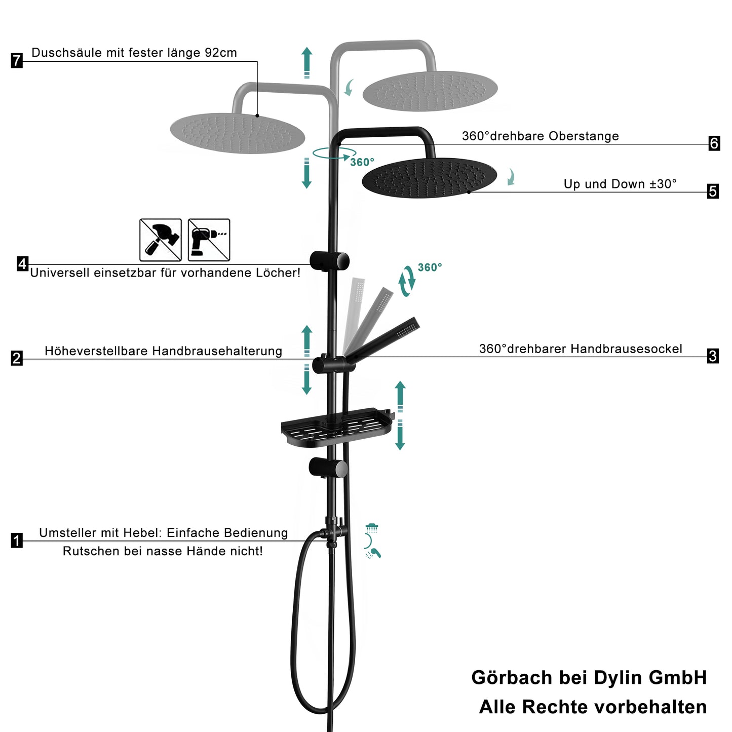 JOHO Regendusche Duschsystem 92 CM mit Ablage Kopfbrause Rund Schwarz