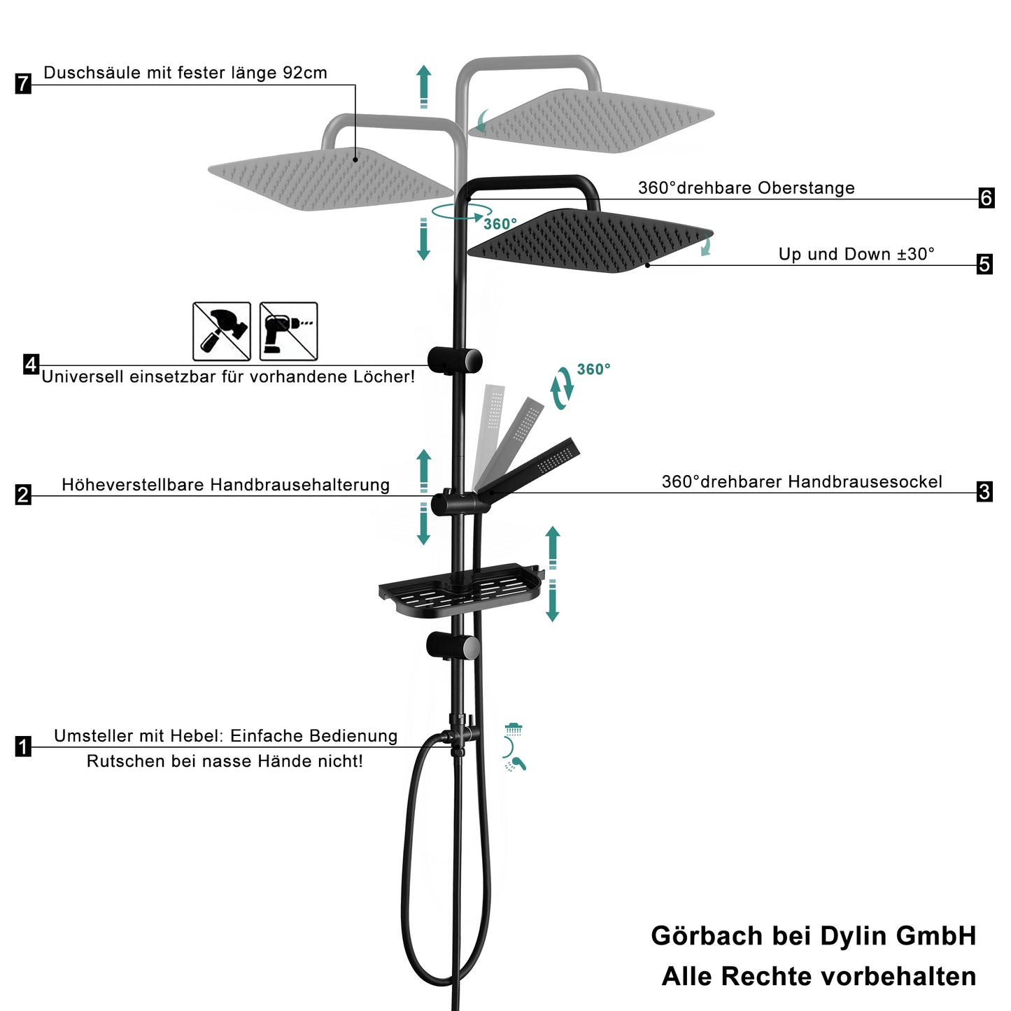 JOHO Regendusche Duschsystem 92 CM mit Ablage Kopfbrause rechteckig Schwarz 35x25 CM