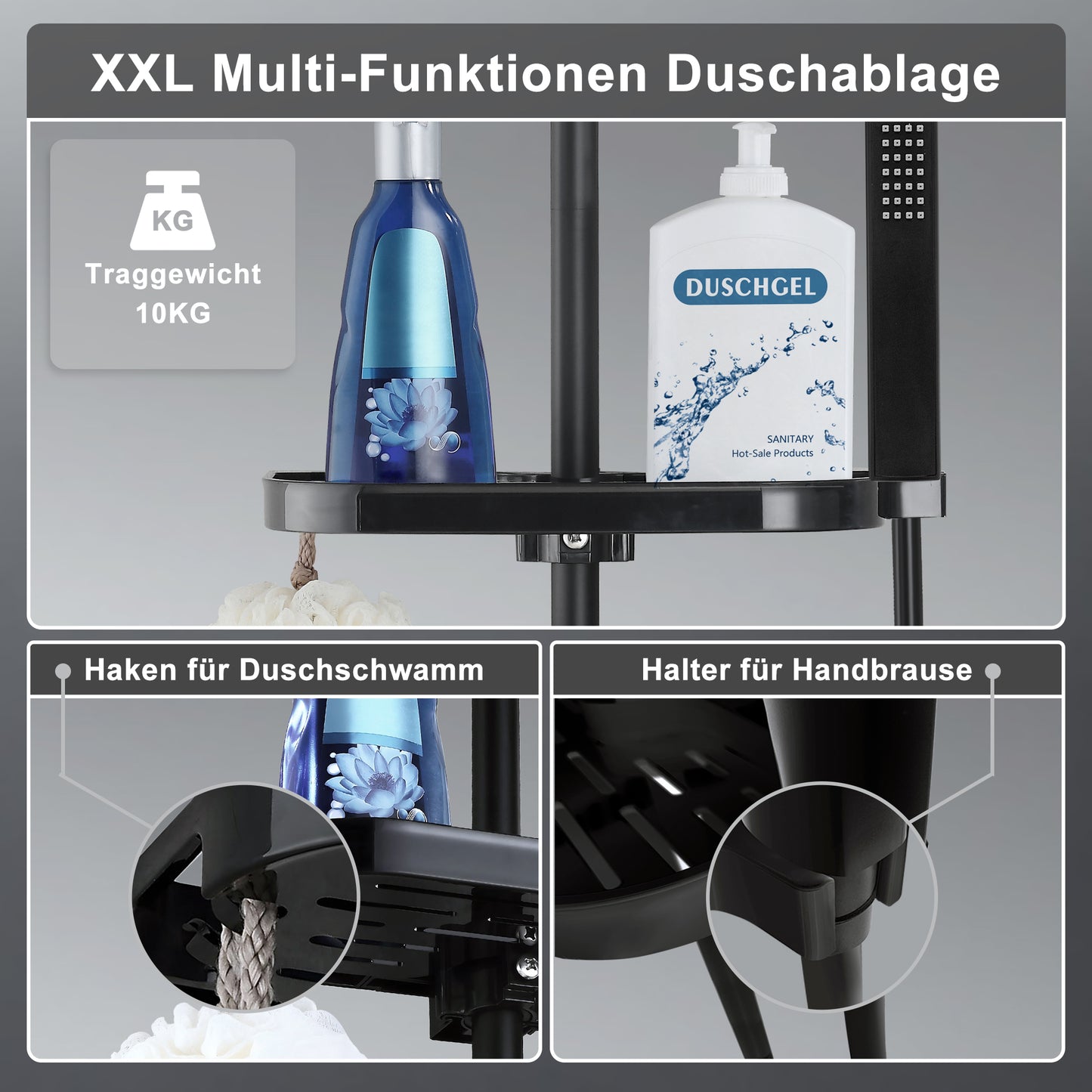 JOHO Regendusche Duschsystem 92 CM mit Ablage Kopfbrause eckig Schwarz