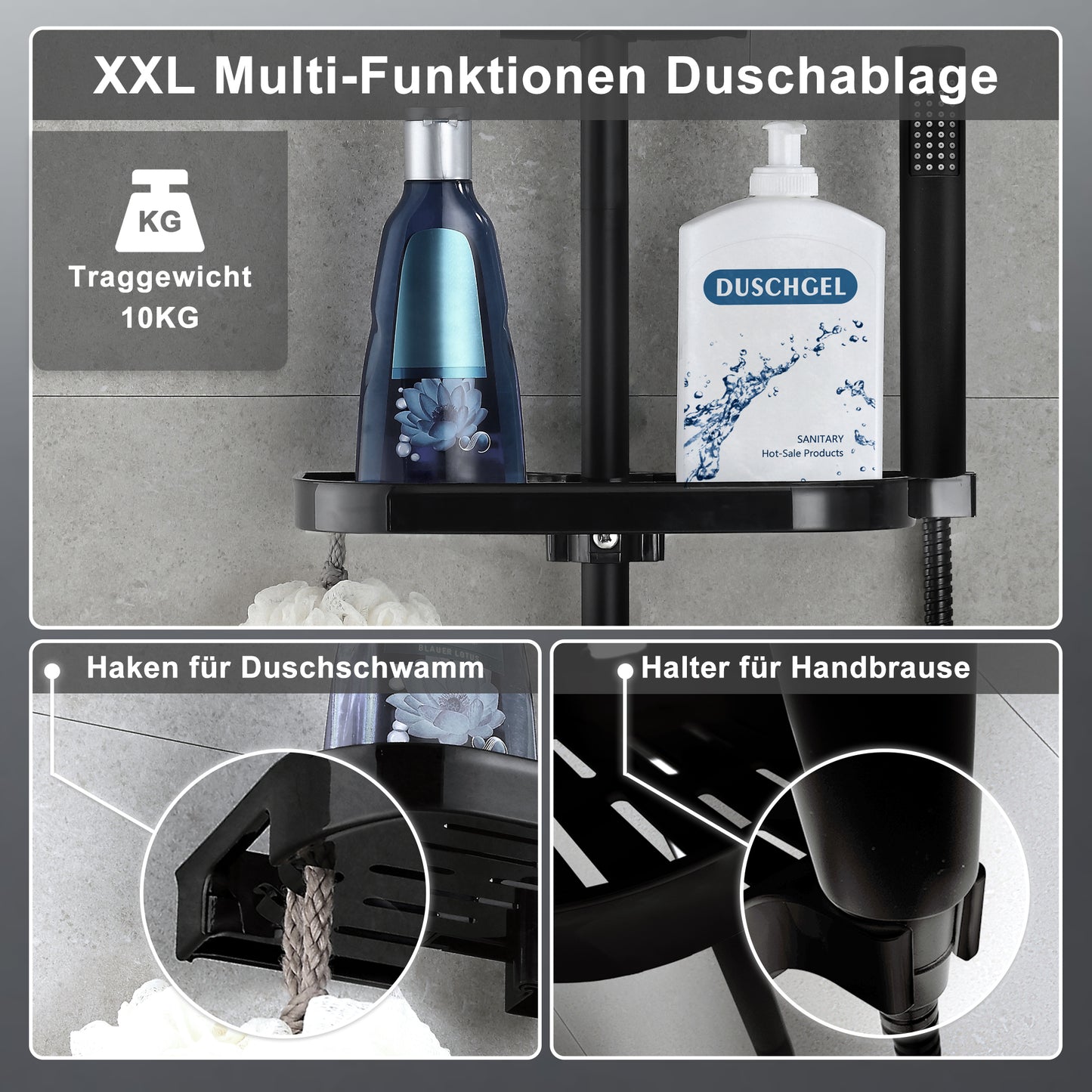 JOHO Regendusche Duschsystem 92 CM mit Ablage Kopfbrause Rund Schwarz