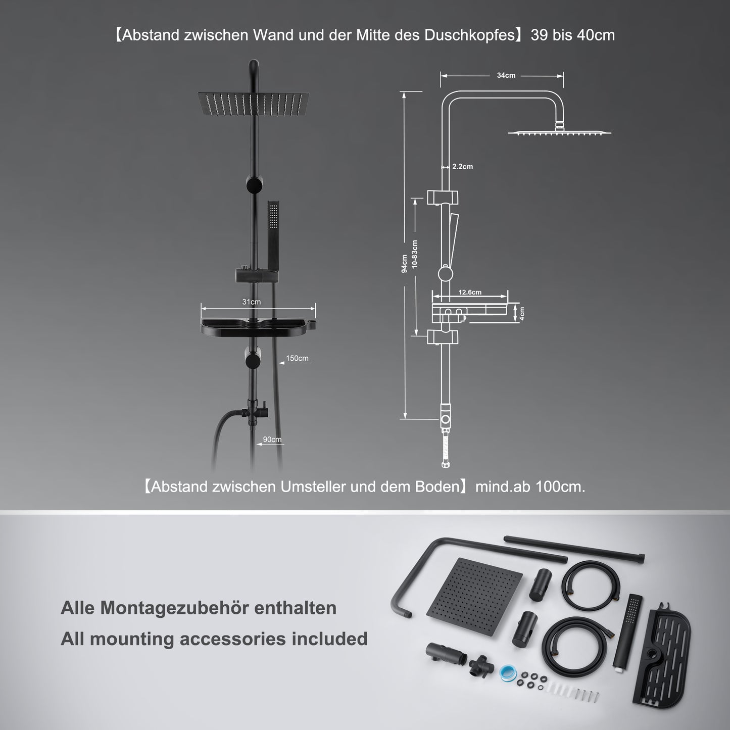 JOHO Regendusche Duschsystem 92 CM mit Ablage Kopfbrause eckig Schwarz