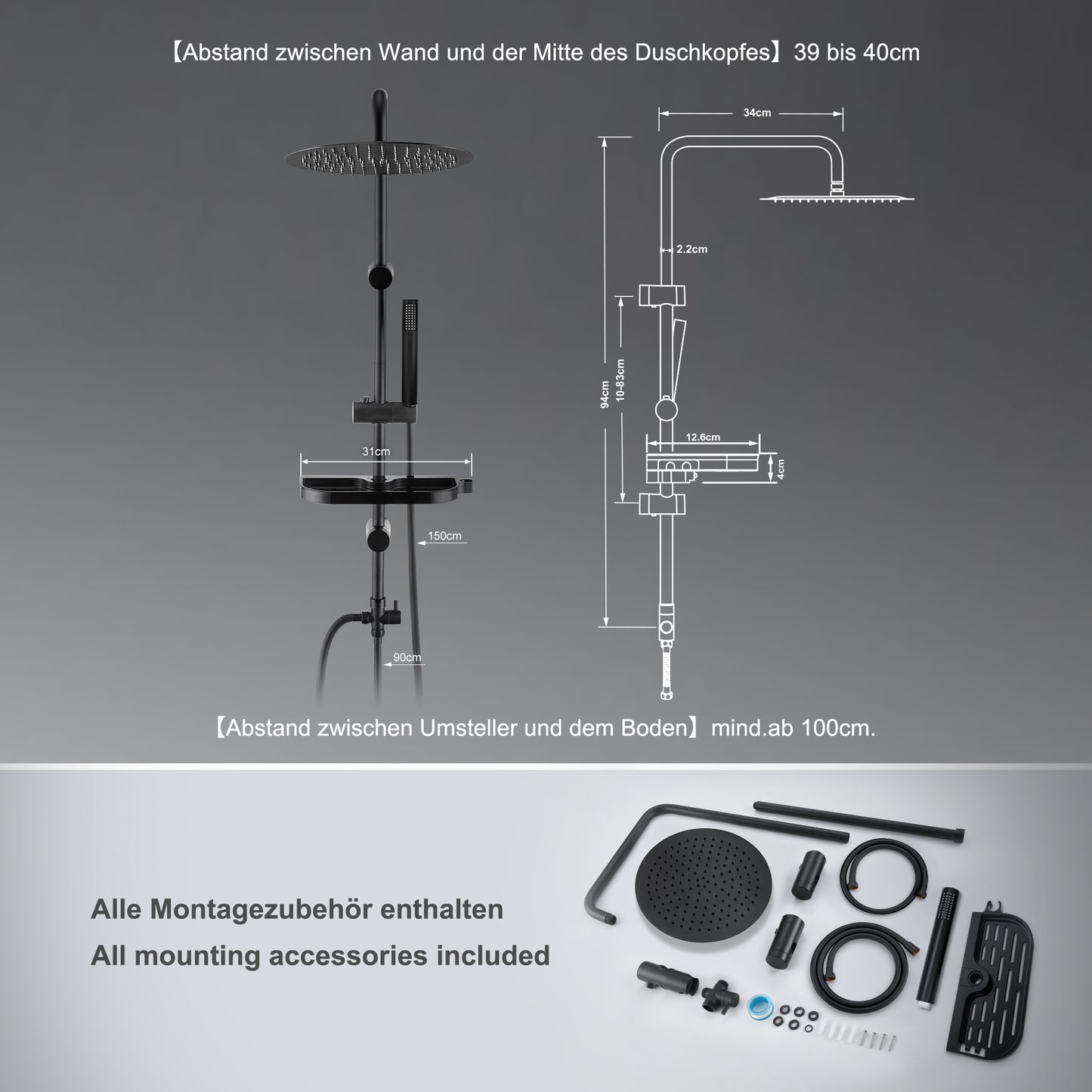 JOHO Regendusche Duschsystem 92 CM mit Ablage Kopfbrause Rund Schwarz