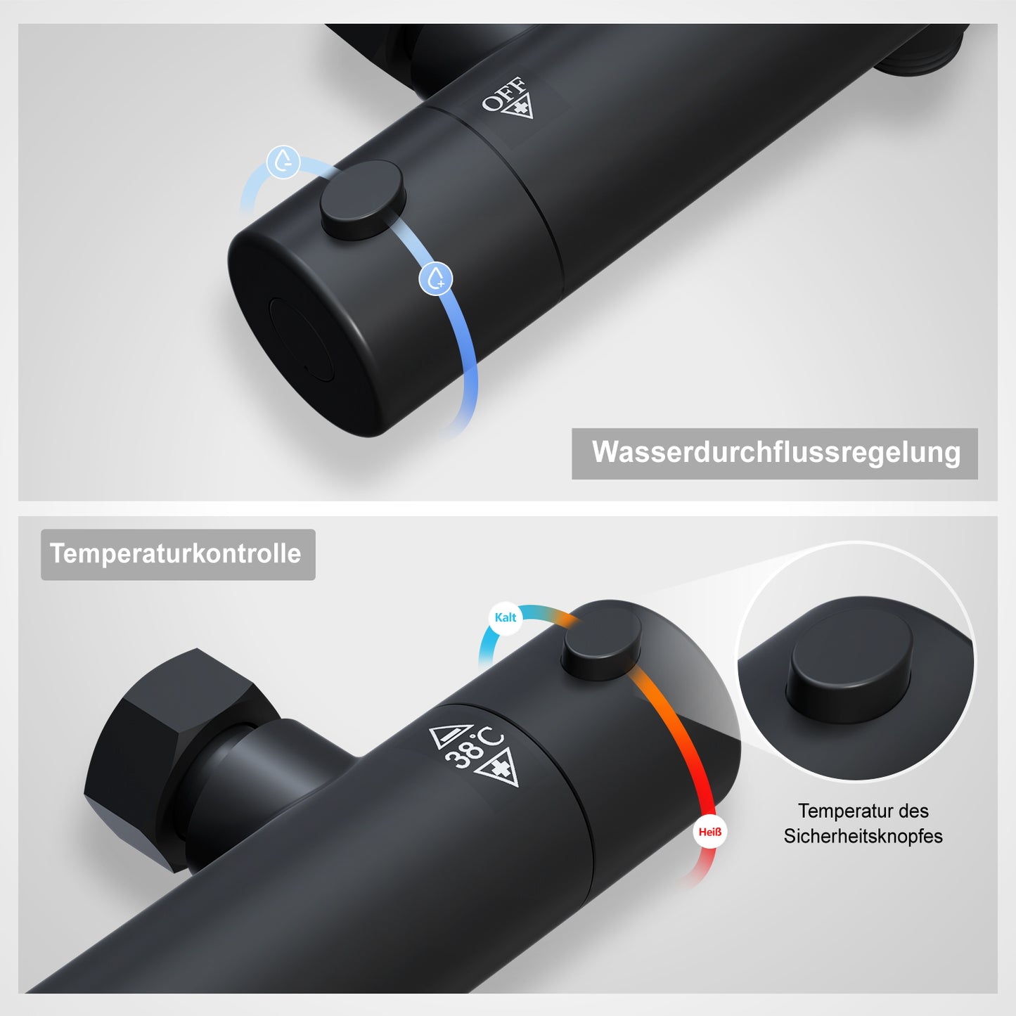 JOHO Thermostat Duscharmatur mit 38 °C Sicherheitstaste, Mischbatterie Dusche Thermostat, Schwarz Badewannenarmatur für Dusche und Badewanne