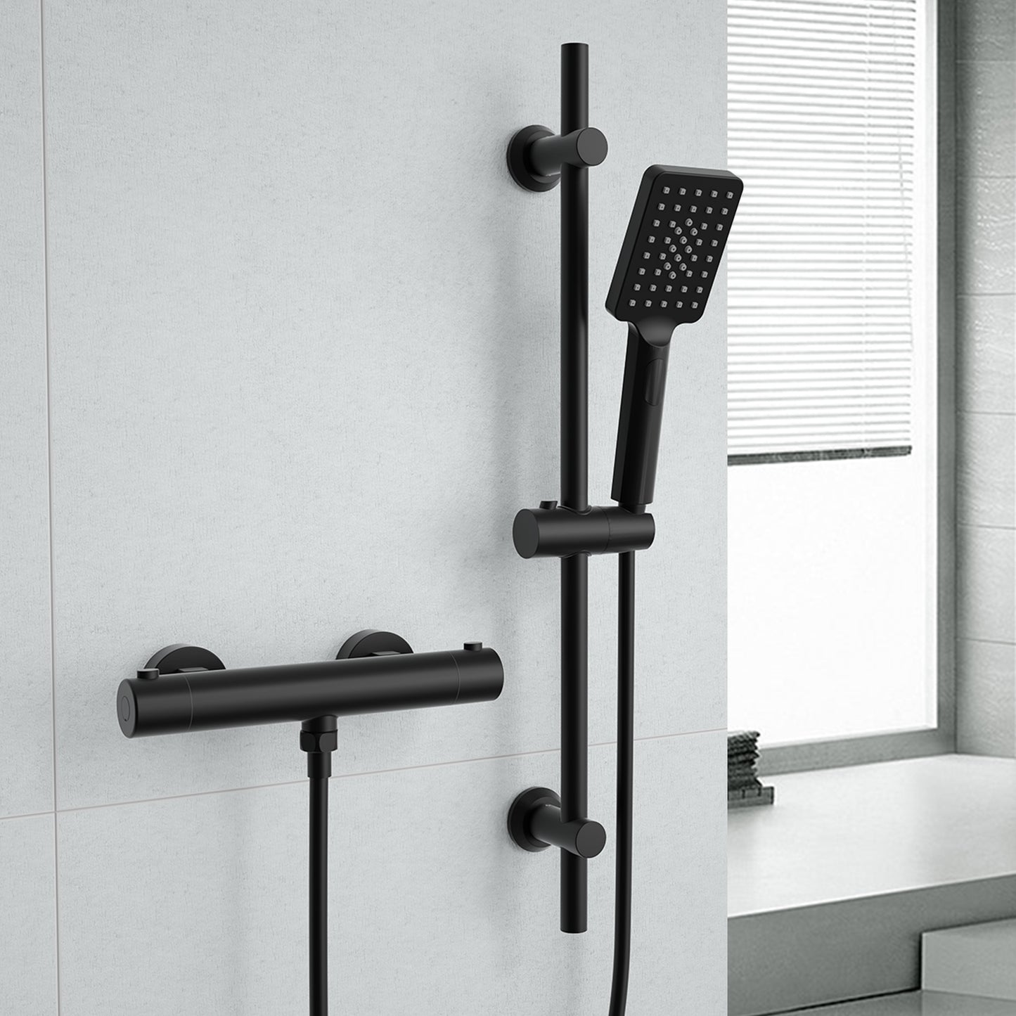JOHO Thermostat Duscharmatur mit 38 °C Sicherheitstaste, Mischbatterie Dusche Thermostat, Schwarz Badewannenarmatur für Dusche und Badewanne