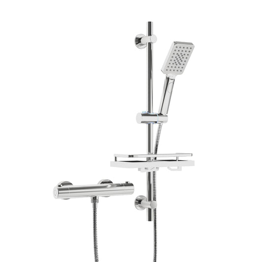 JOHO Thermostat Duschsystem mit Duscharmatur, Duschstangeset mit Duschablage, Thermostat Mischbatterie Dusche + Edelstahl Brausestangeset 70cm mit Handbrause und Schlauch Rechteckig Chrom