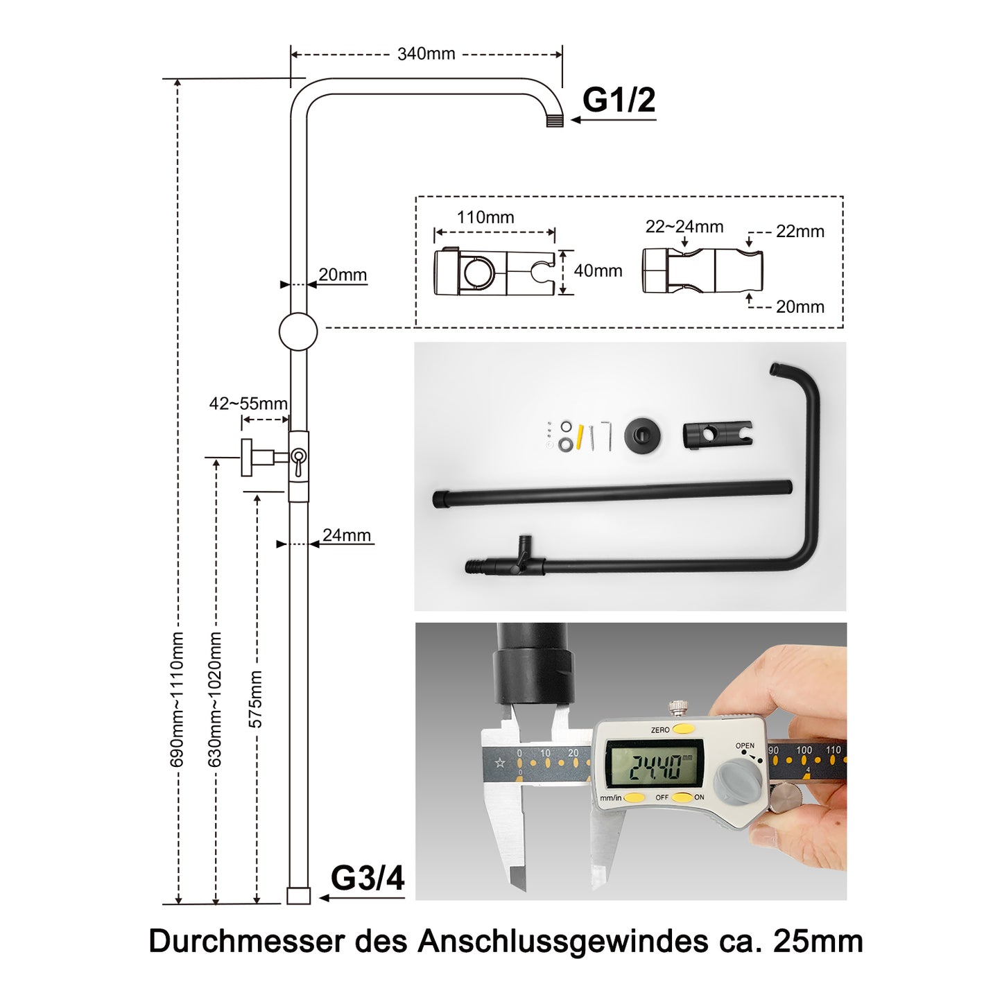 JOHO Höheverstellbare Duschstange mit Handbrausehalter Duschhalterung, Edelstahl Duschsäule Wandstange Brausearm mit Verstellbare Länge Schwarz
