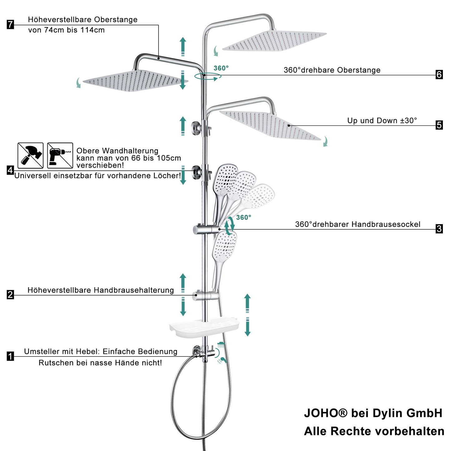 JOHO Edelstahl Duschsystem mit rechteckig Kopfbrause und Ablage Chrom