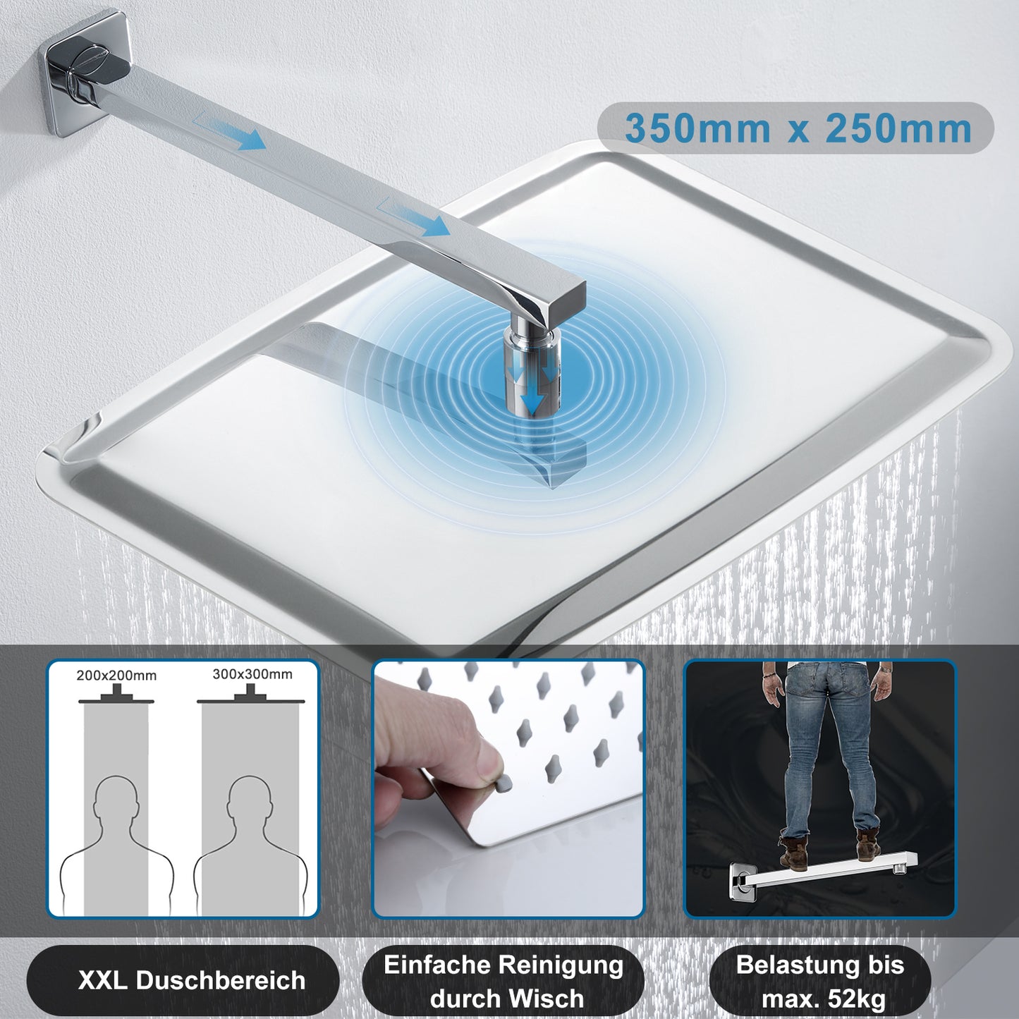 JOHO Regendusche Duschkopf groß Rechteckig pflegeleichte Überkopfbrauseset aus 304 Edelstahl mit Bombenfester Brausearm Wandarm (35x25cm/37cm)