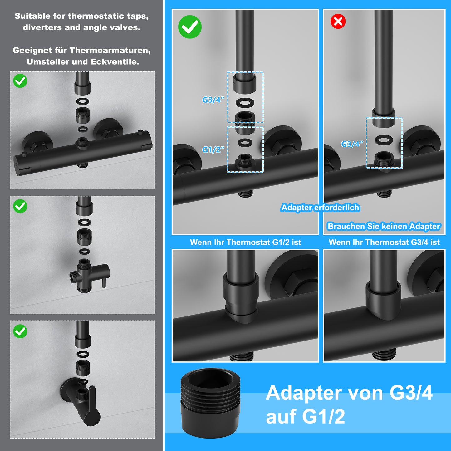 JOHO Edelstahl Duschstange mit Gewindeadapter, Variable Wandbefestigungen Wandstange Regendusche Duschrohr Brausearm Brausestange Duschsäule Schwarz