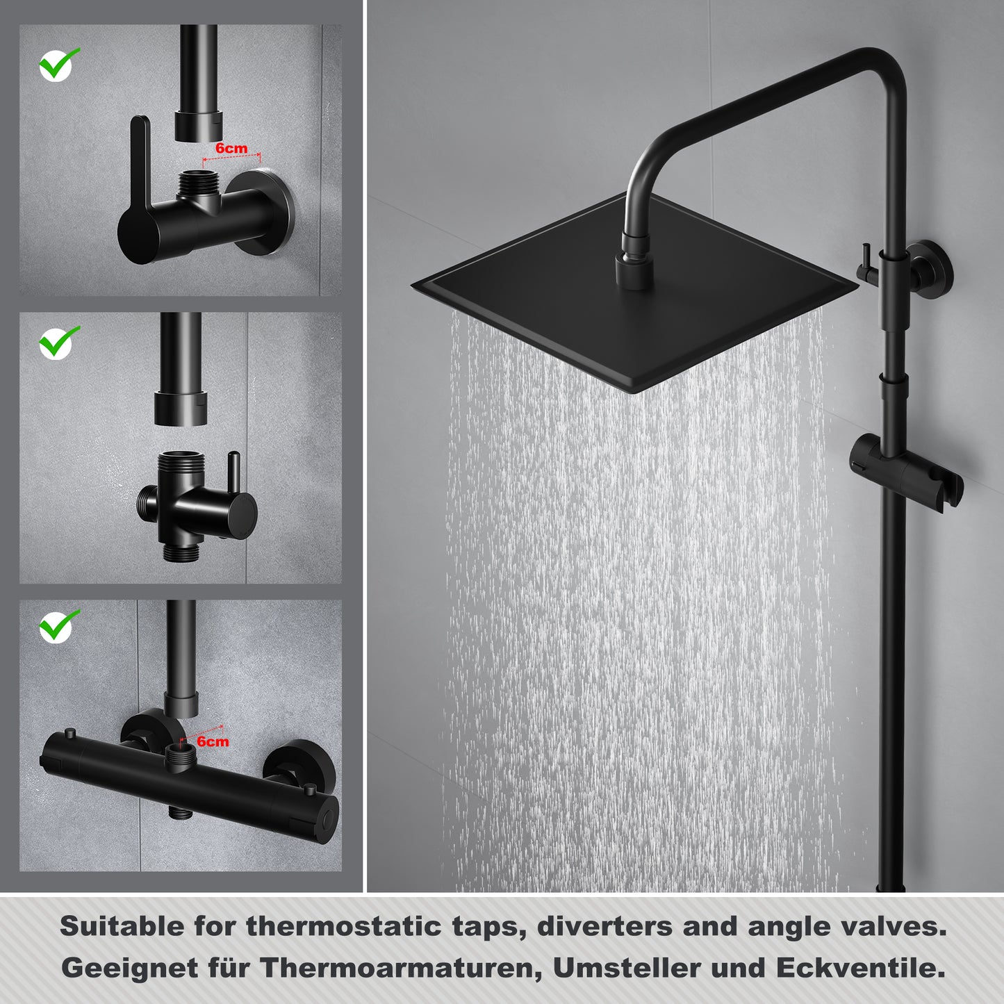 JOHO Höheverstellbare Duschstange aus Edelstahl mit Gewindeadapter,Duschsystem Zubehör Duschsäule Duschrohr für Regendusche Wandstange Brausearm mit verstellbare Länge von 69 bis 111cm Schwarz