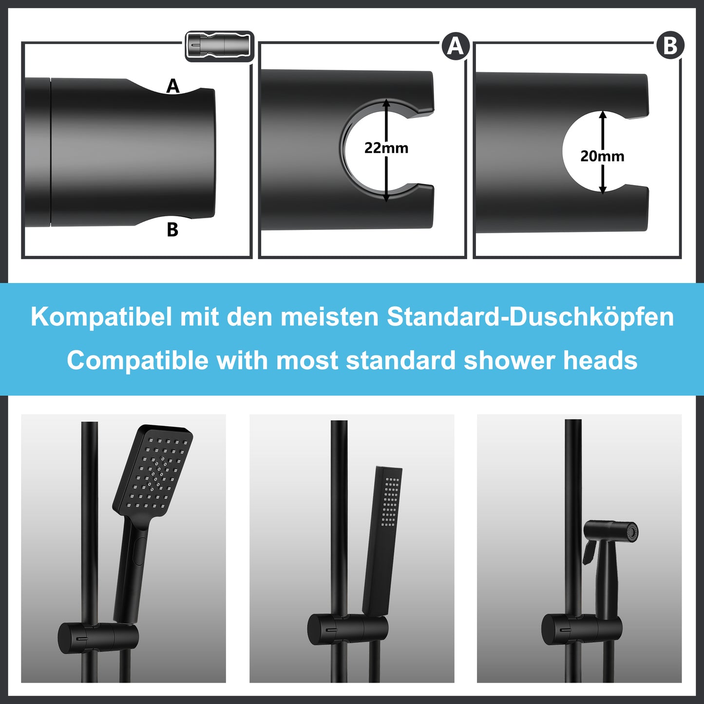 JOHO Edelstahl Duschstange mit Handbrausehalter und Variable Wandbefestigungen, Wandstange Regendusche Brausearm Brausestange Duschsäule mit fester Länge 92cm Schwarz