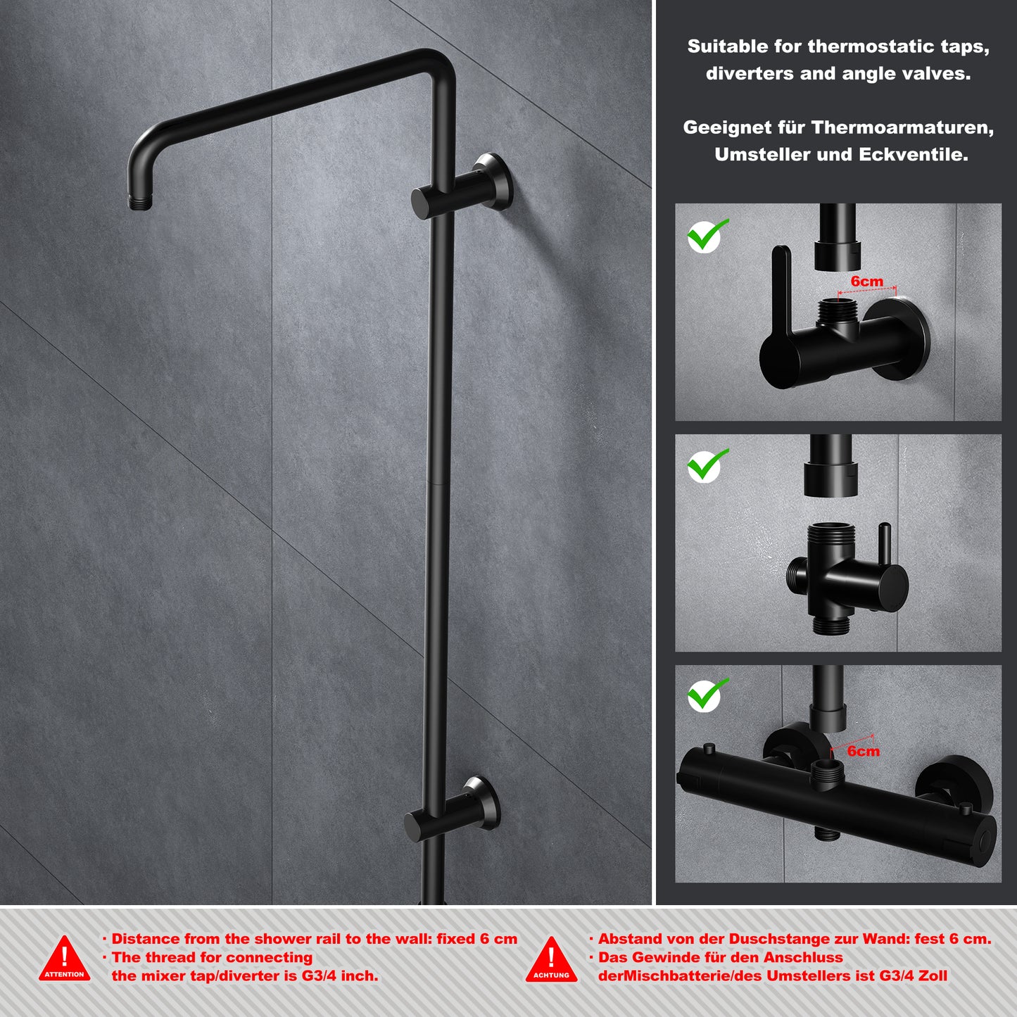JOHO Edelstahl Duschstange mit Handbrausehalter und Variable Wandbefestigungen, Wandstange Regendusche Brausearm Brausestange Duschsäule mit fester Länge 92cm Schwarz