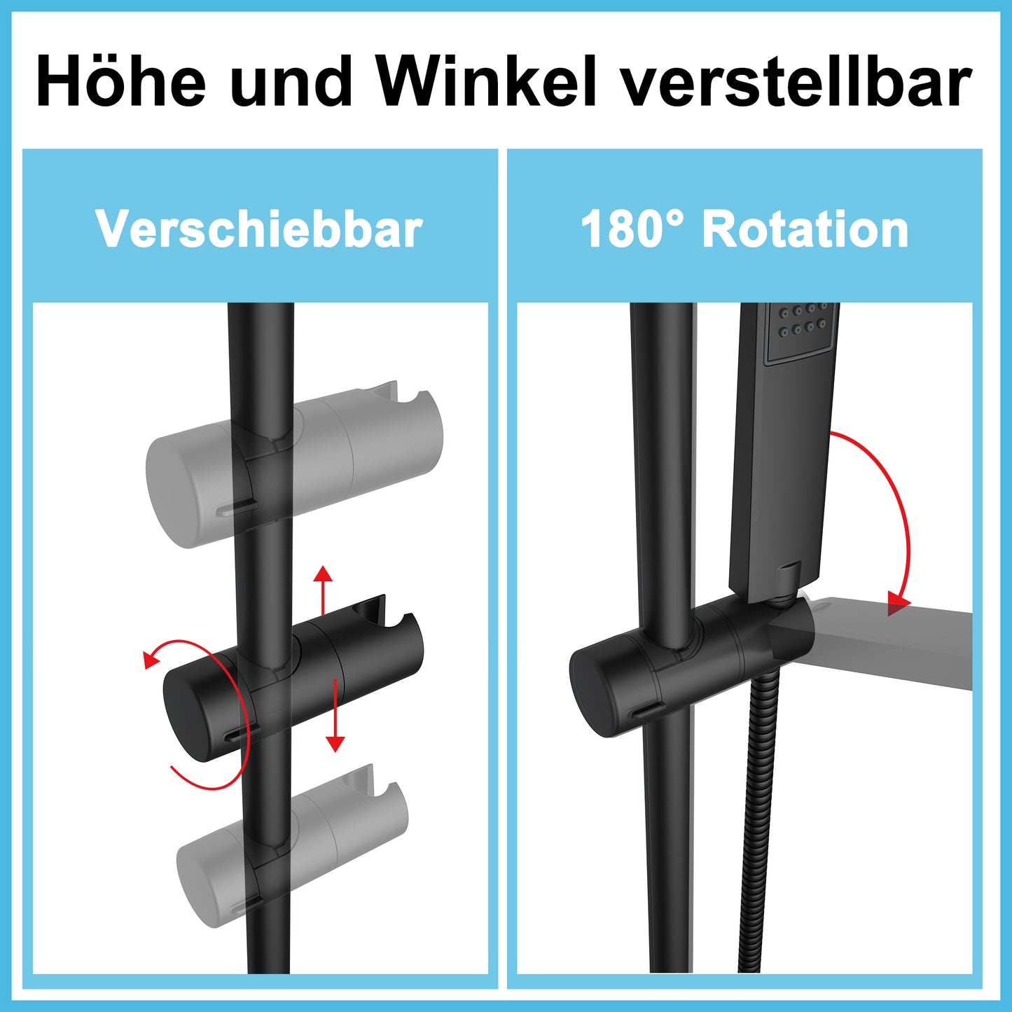 JOHO Edelstahl Duschstange mit Handbrausehalter und Variable Wandbefestigungen, Wandstange Regendusche Brausearm Brausestange Duschsäule mit fester Länge 92cm Schwarz