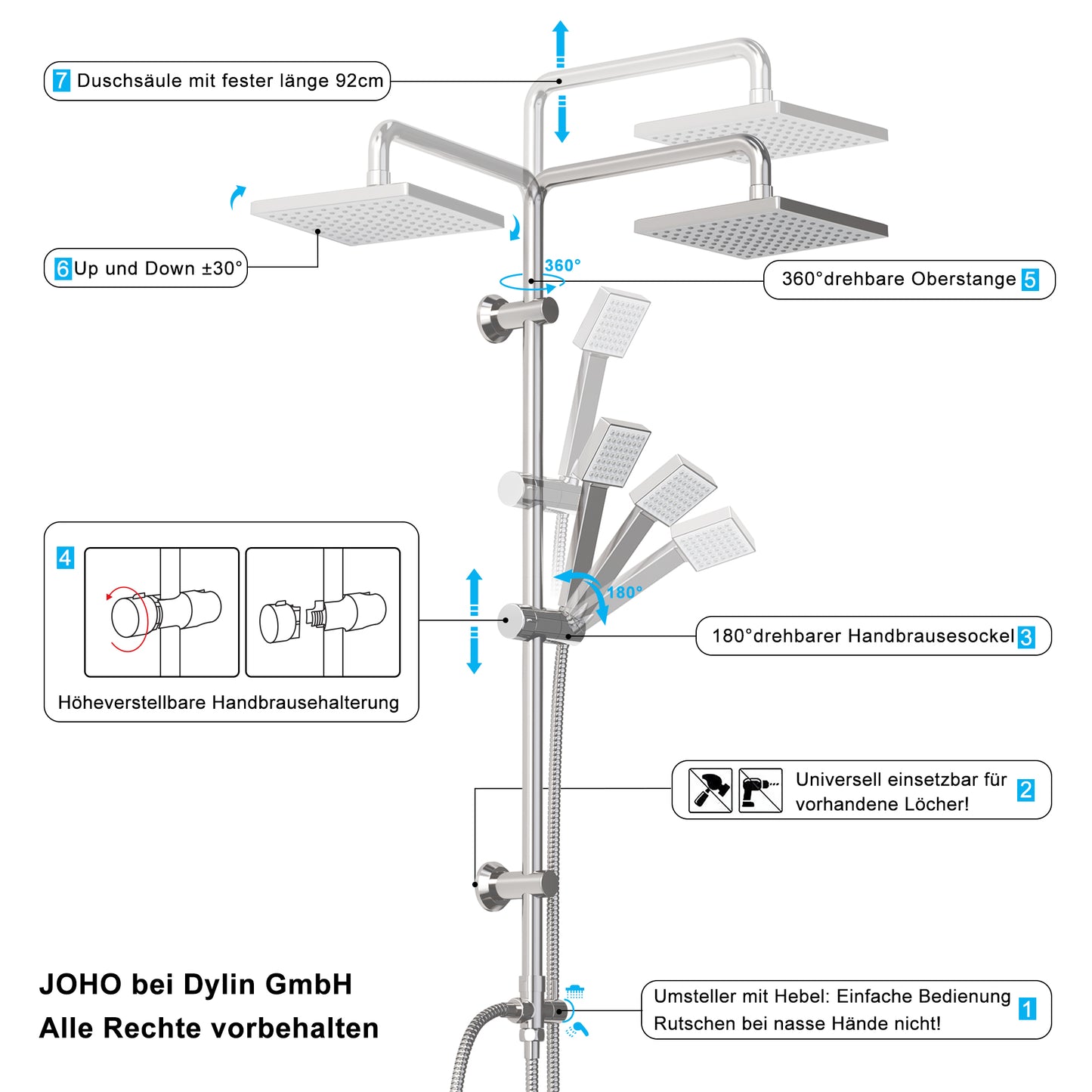 JOHO Edelstahl Duschsystem ohne Duscharmatur Chrom Regenduschset mit ABS Kopfbrause 20x20cm