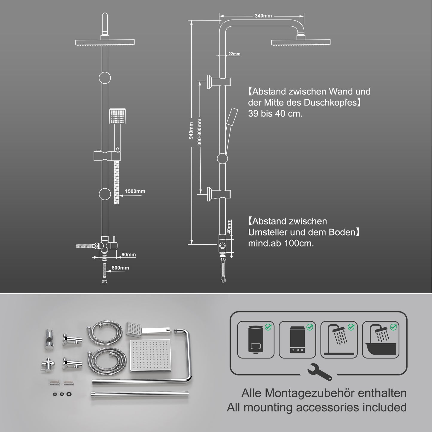 JOHO Edelstahl Duschsystem ohne Duscharmatur Chrom Regenduschset mit ABS Kopfbrause 20x20cm