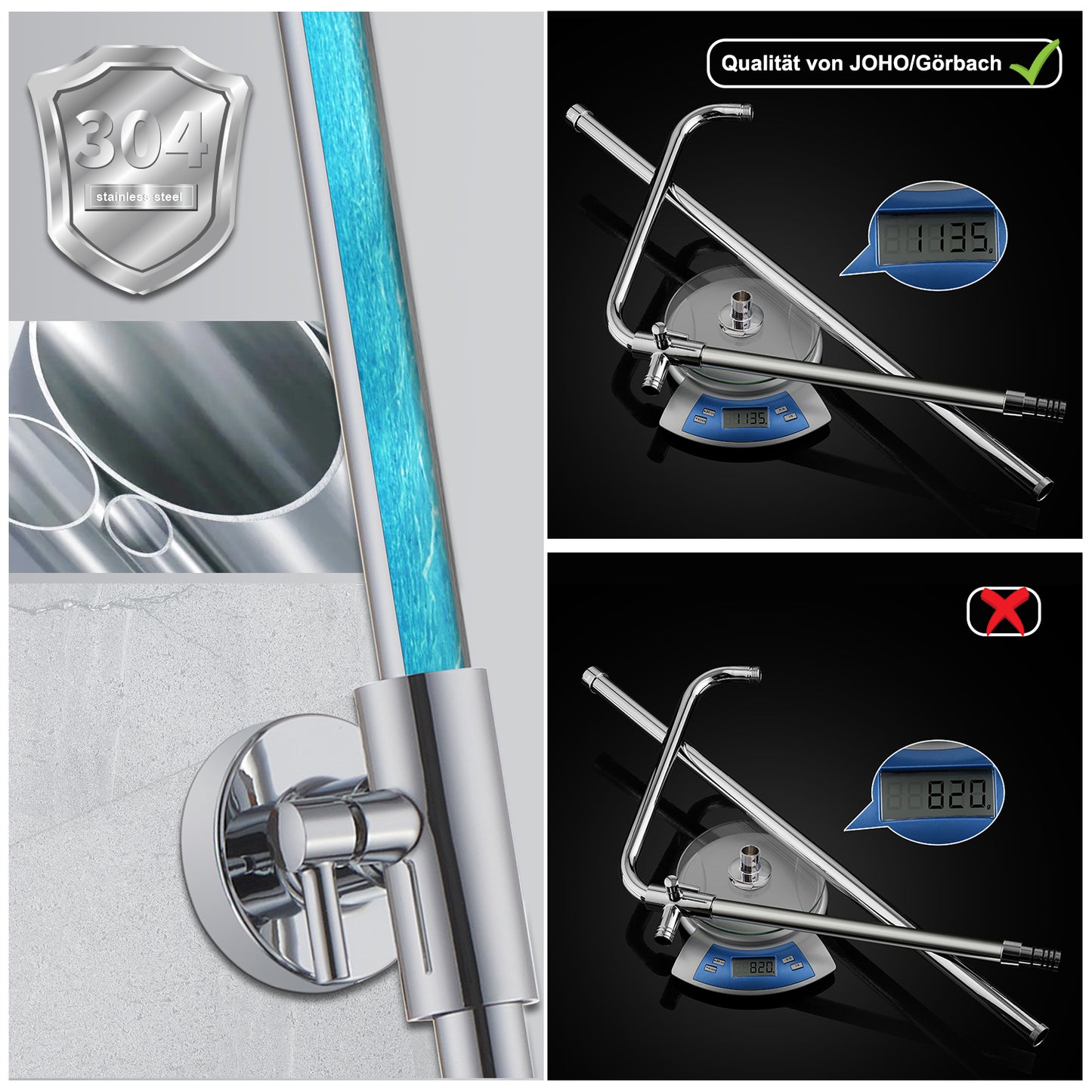JOHO Höheverstellbare Duschstange mit Handbrausehalter Duschhalterung, Edelstahl Duschsäule Wandstange Brausearm mit Verstellbare Länge Chrom