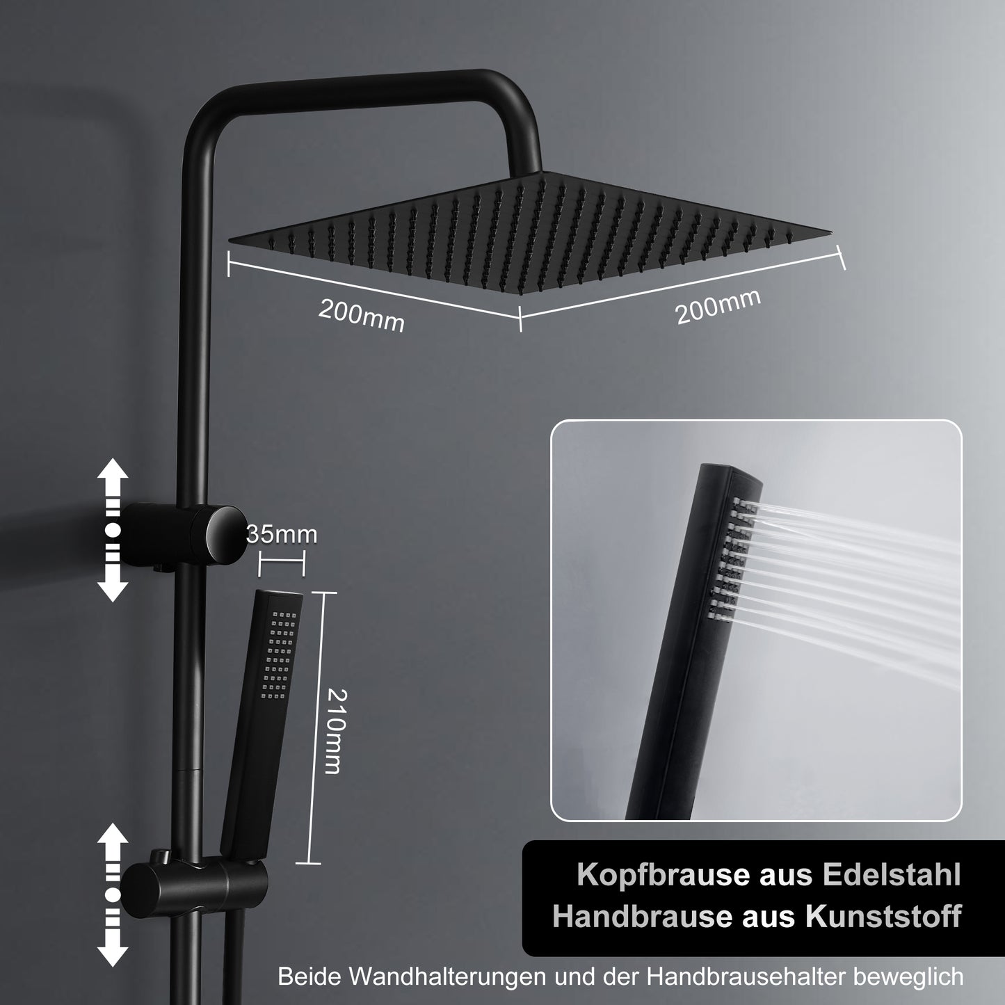 JOHO Regendusche Duschsystem 92 CM mit Ablage Kopfbrause eckig Schwarz