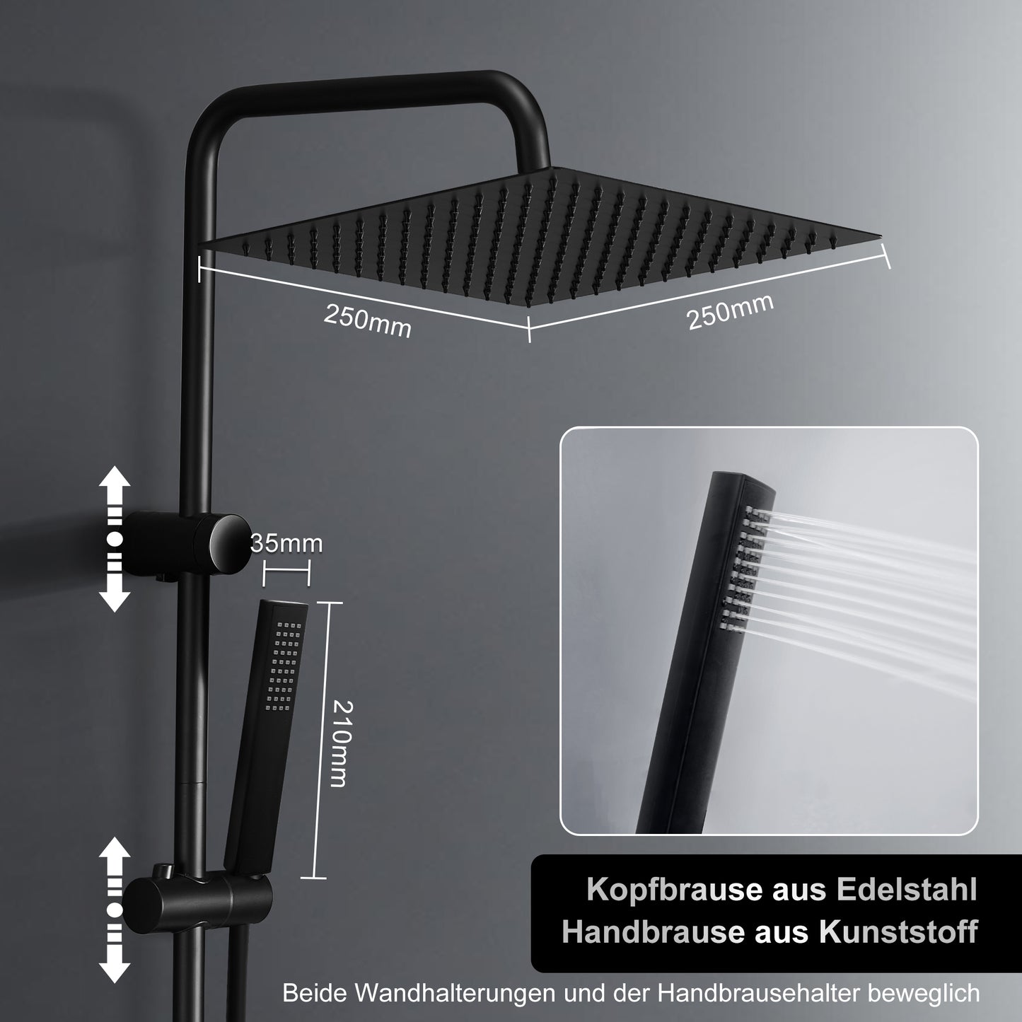 JOHO Regendusche Duschsystem 92 CM mit Ablage Kopfbrause eckig Schwarz