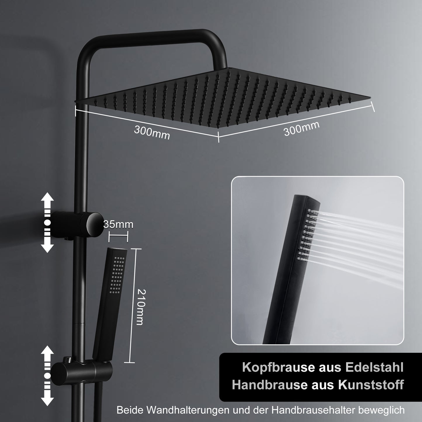 JOHO Regendusche Duschsystem 92 CM mit Ablage Kopfbrause eckig Schwarz