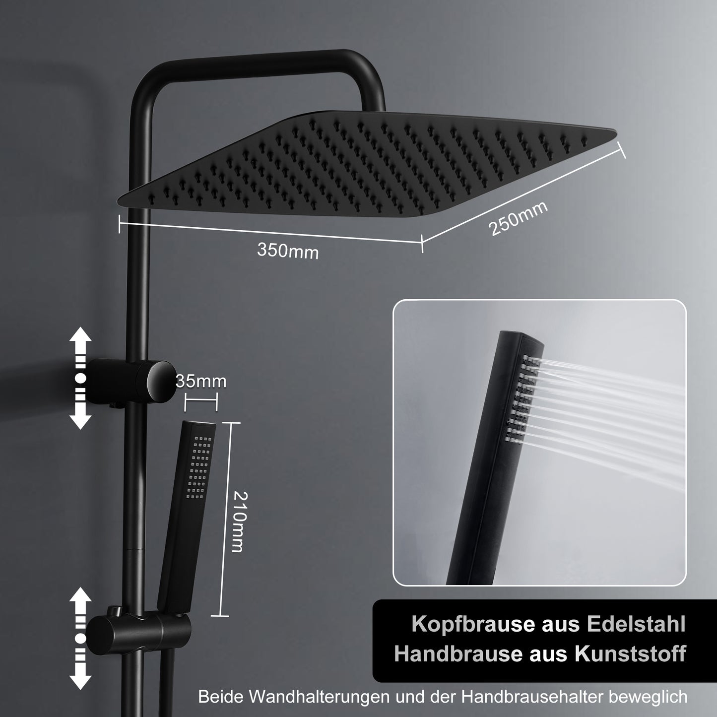 JOHO Regendusche Duschsystem 92 CM mit Ablage Kopfbrause rechteckig Schwarz 35x25 CM