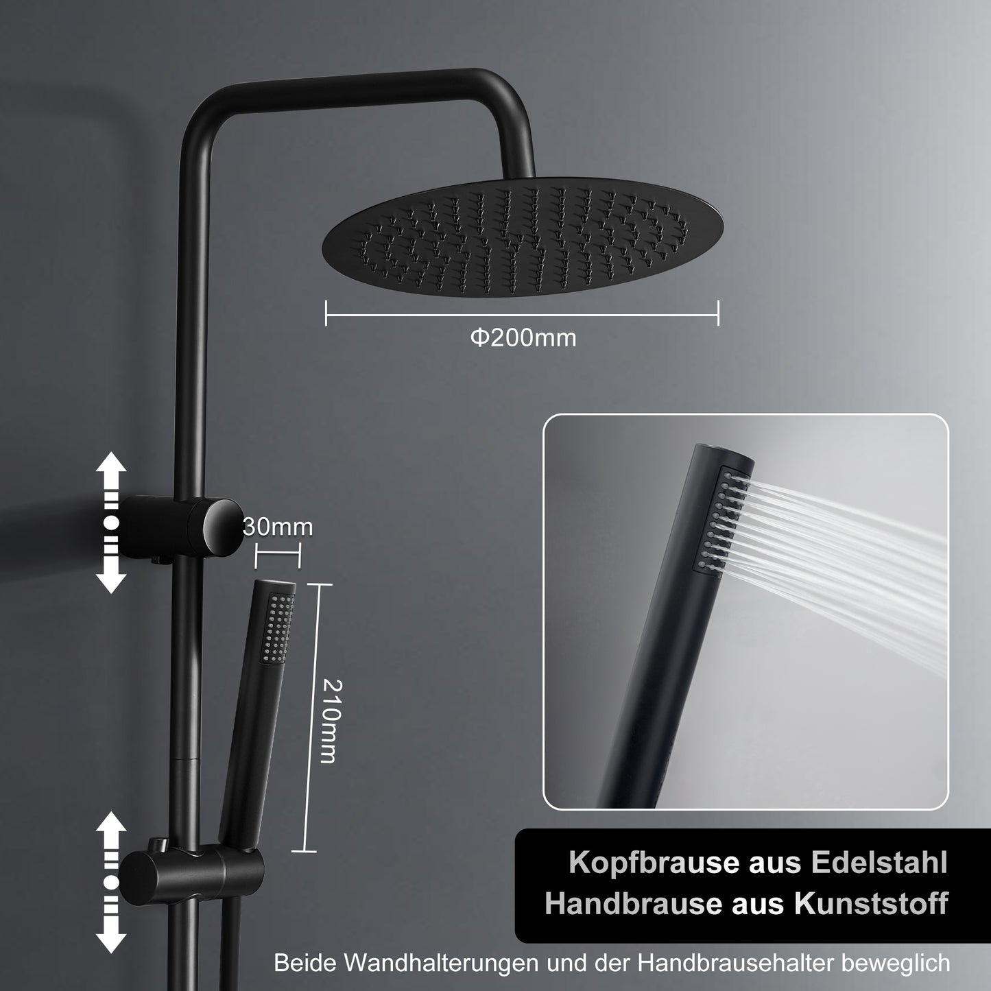 JOHO Regendusche Duschsystem 92 CM mit Ablage Kopfbrause Rund Schwarz