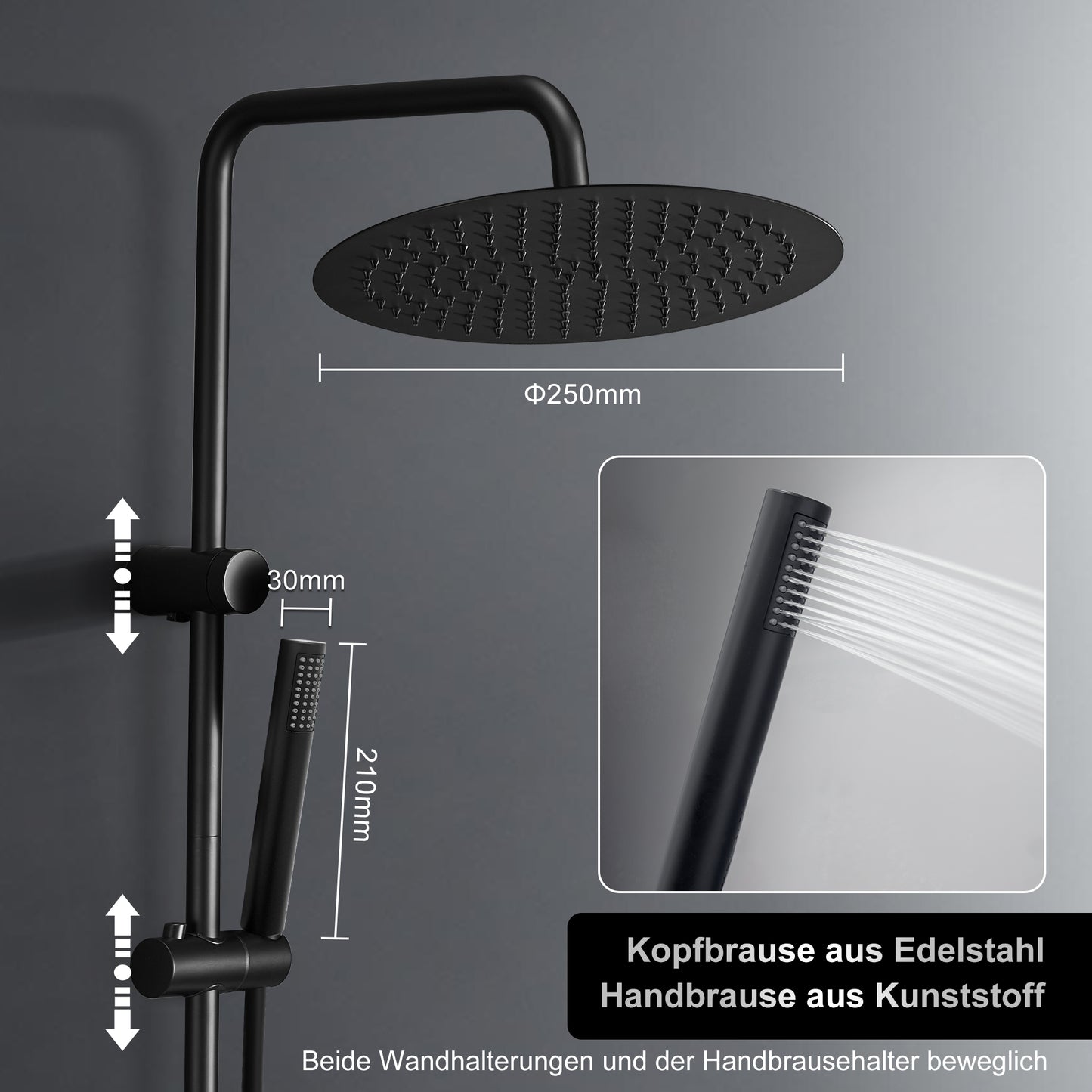 JOHO Regendusche Duschsystem 92 CM mit Ablage Kopfbrause Rund Schwarz