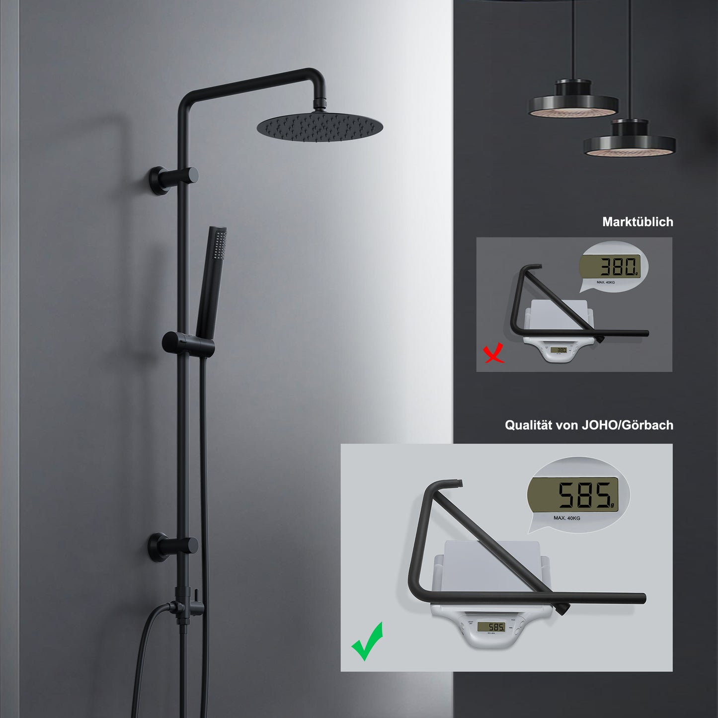 JOHO Regendusche Duschsystem ohne Armatur, Edelstahl Duschset mit 92cm Duschstange, Rund Überkopfbrause  Schwarz