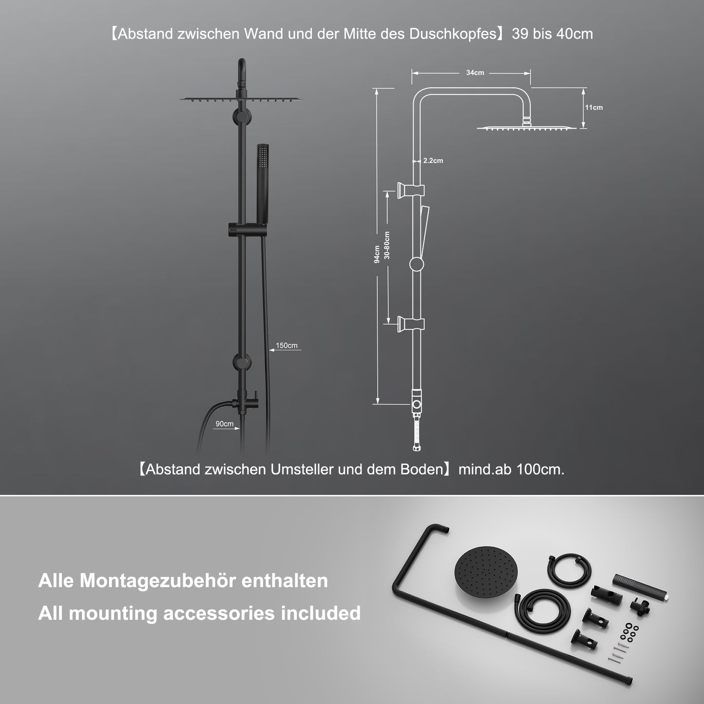JOHO Regendusche Duschsystem ohne Armatur, Edelstahl Duschset mit 92cm Duschstange, Rund Überkopfbrause  Schwarz