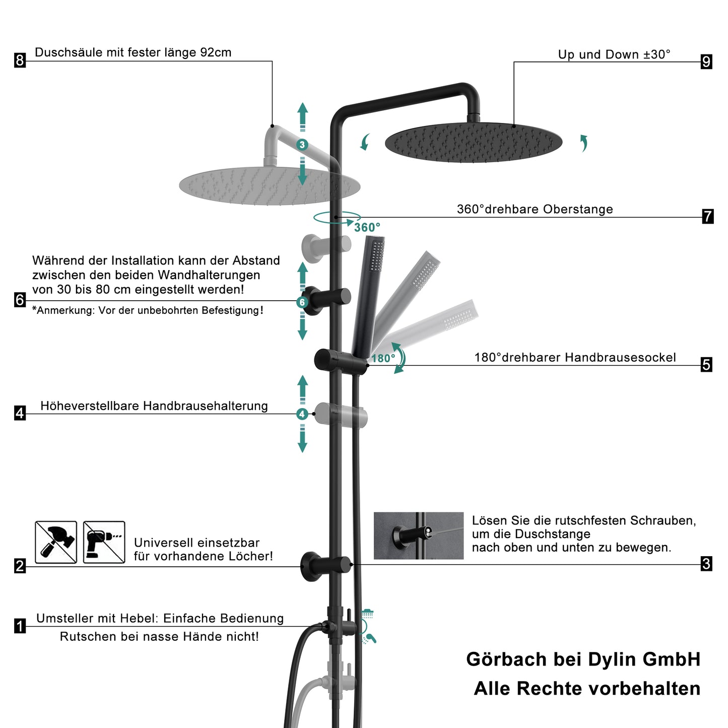 JOHO Regendusche Duschsystem ohne Armatur, Edelstahl Duschset mit 92cm Duschstange, Rund Überkopfbrause  Schwarz