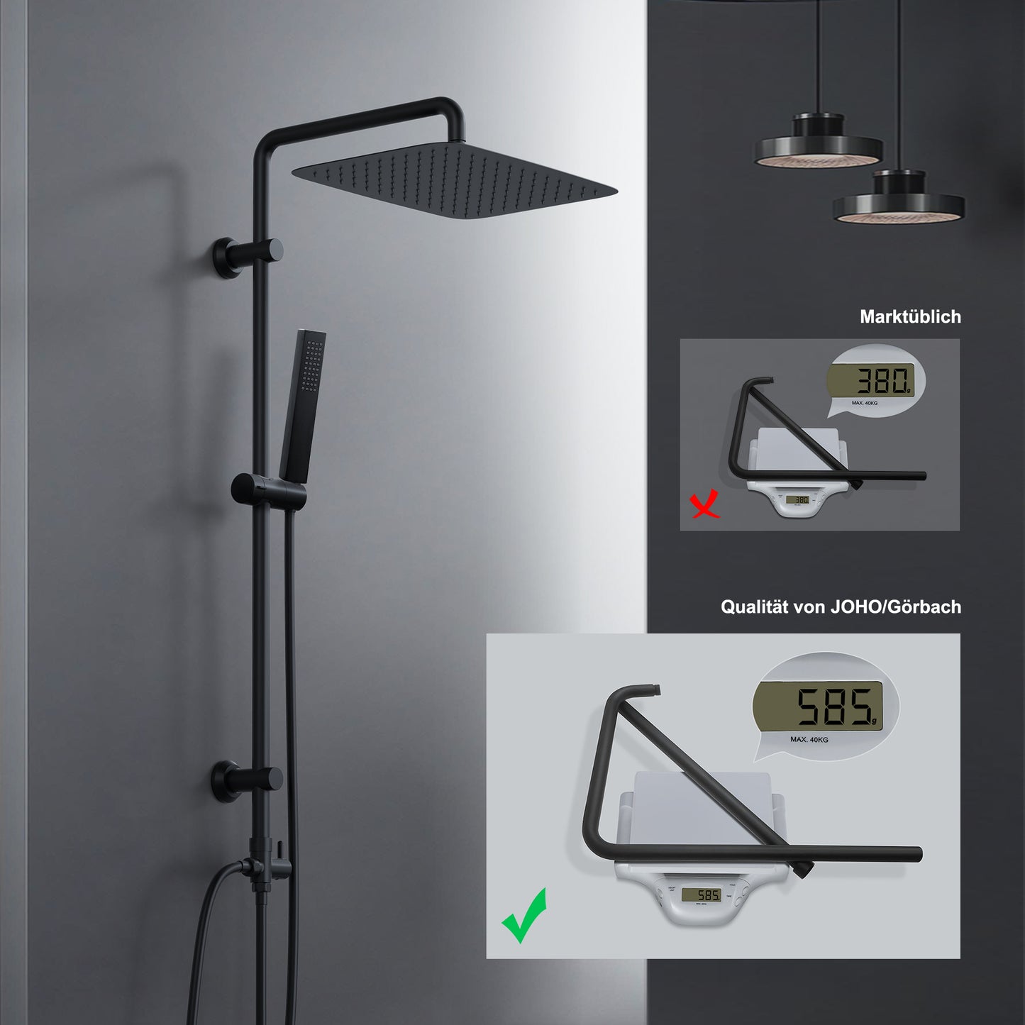 JOHO Regendusche Duschsystem ohne Armatur, Edelstahl Duschset mit 92cm Duschstange, XXL Überkopfbrause Rechteckig 35 * 25cm Schwarz