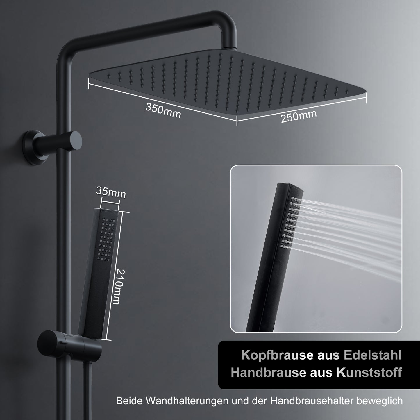 JOHO Regendusche Duschsystem ohne Armatur, Edelstahl Duschset mit 92cm Duschstange, XXL Überkopfbrause Rechteckig 35 * 25cm Schwarz