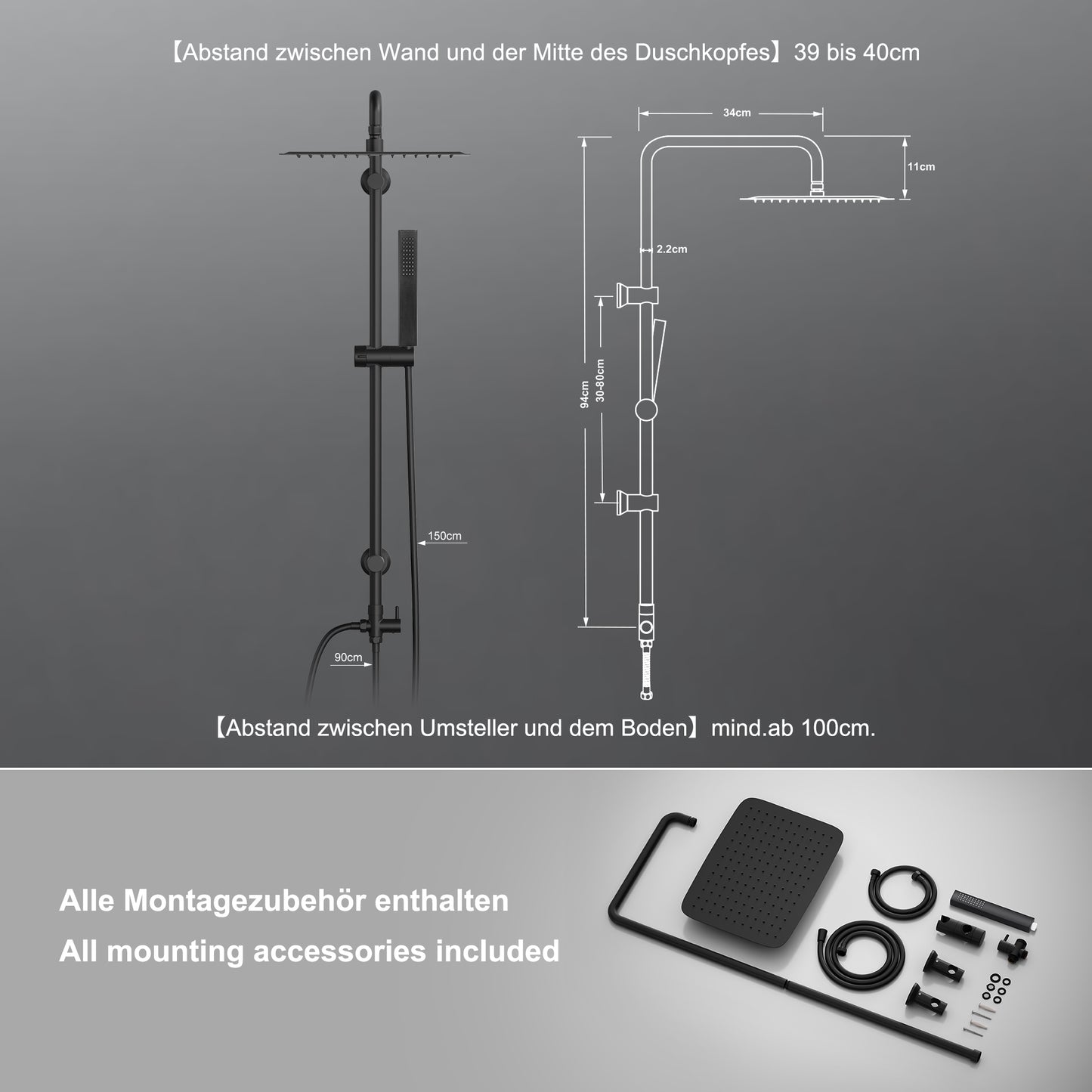JOHO Regendusche Duschsystem ohne Armatur, Edelstahl Duschset mit 92cm Duschstange, XXL Überkopfbrause Rechteckig 35 * 25cm Schwarz