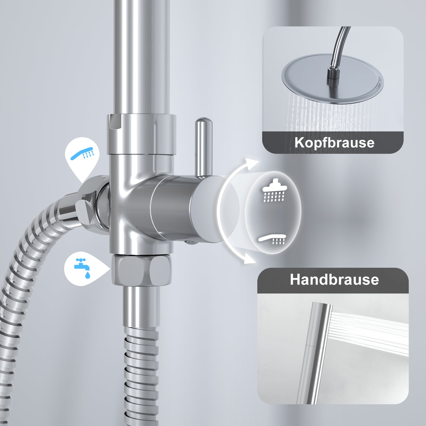 JOHO Regendusche Duschsystem mit Duschablage, Rund Kopfbrause und U Duschstange 92cm Chrom