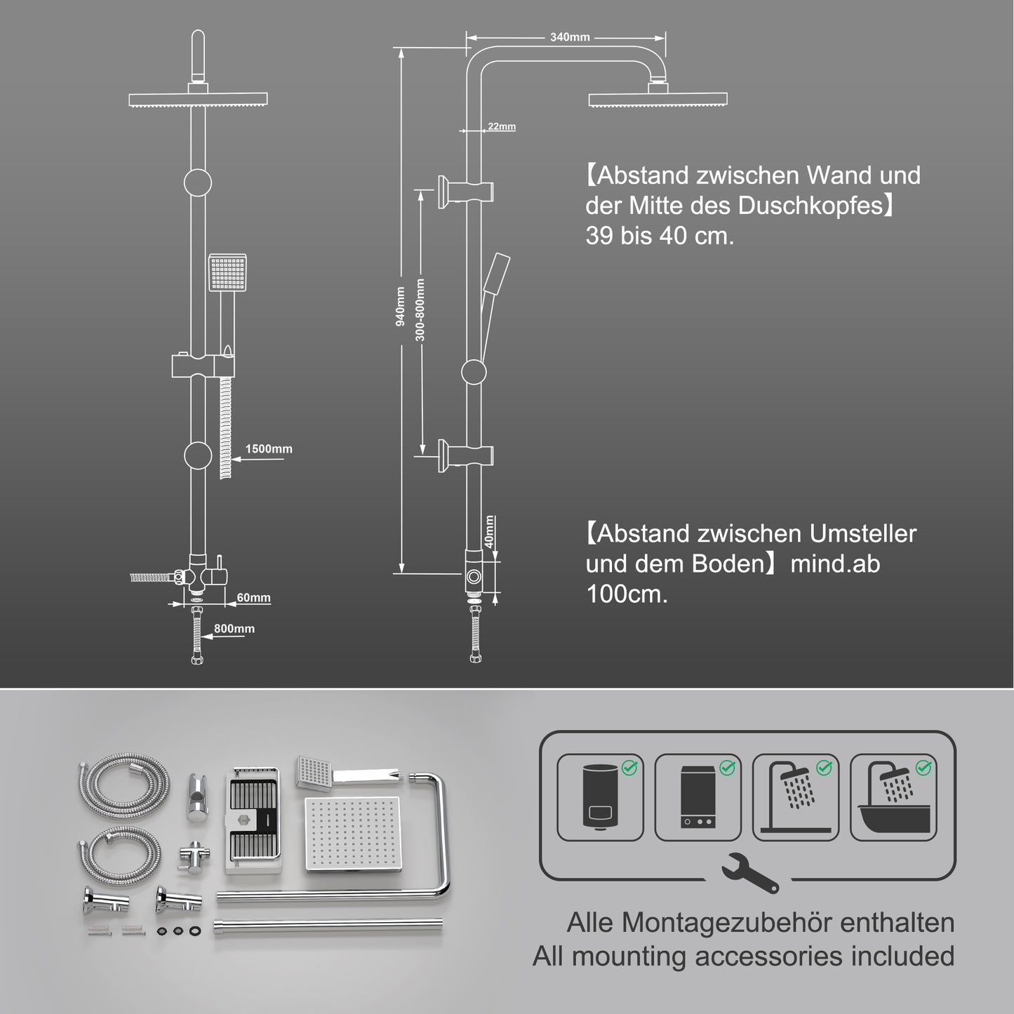 JOHO Regendusche Duschset ohne Armatur, Edelstahl Duschsystem mit Ablage, Duschstange set mit Kopfbrause 20x20cm