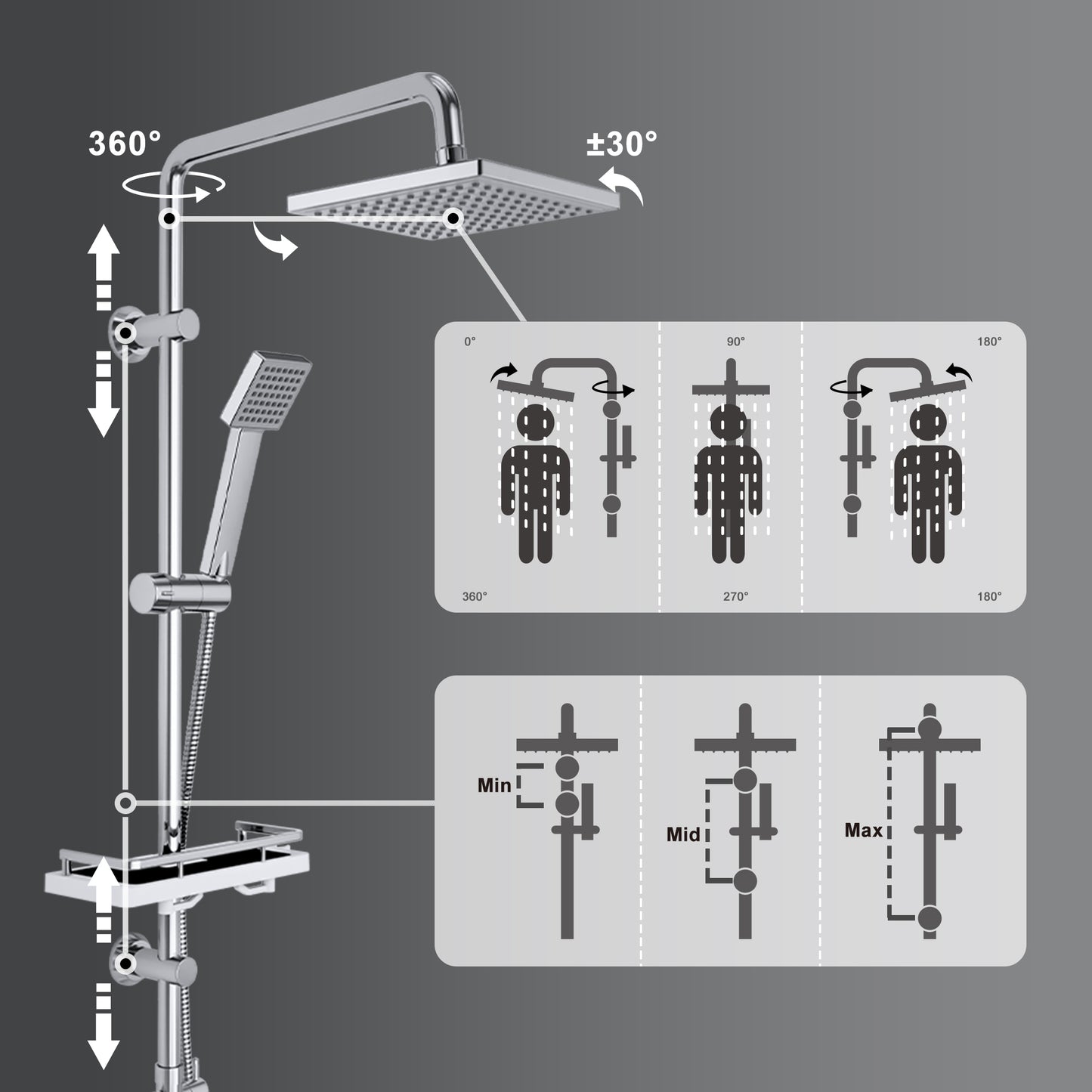 JOHO Regendusche Duschset ohne Armatur, Edelstahl Duschsystem mit Ablage, Duschstange set mit Kopfbrause 20x20cm