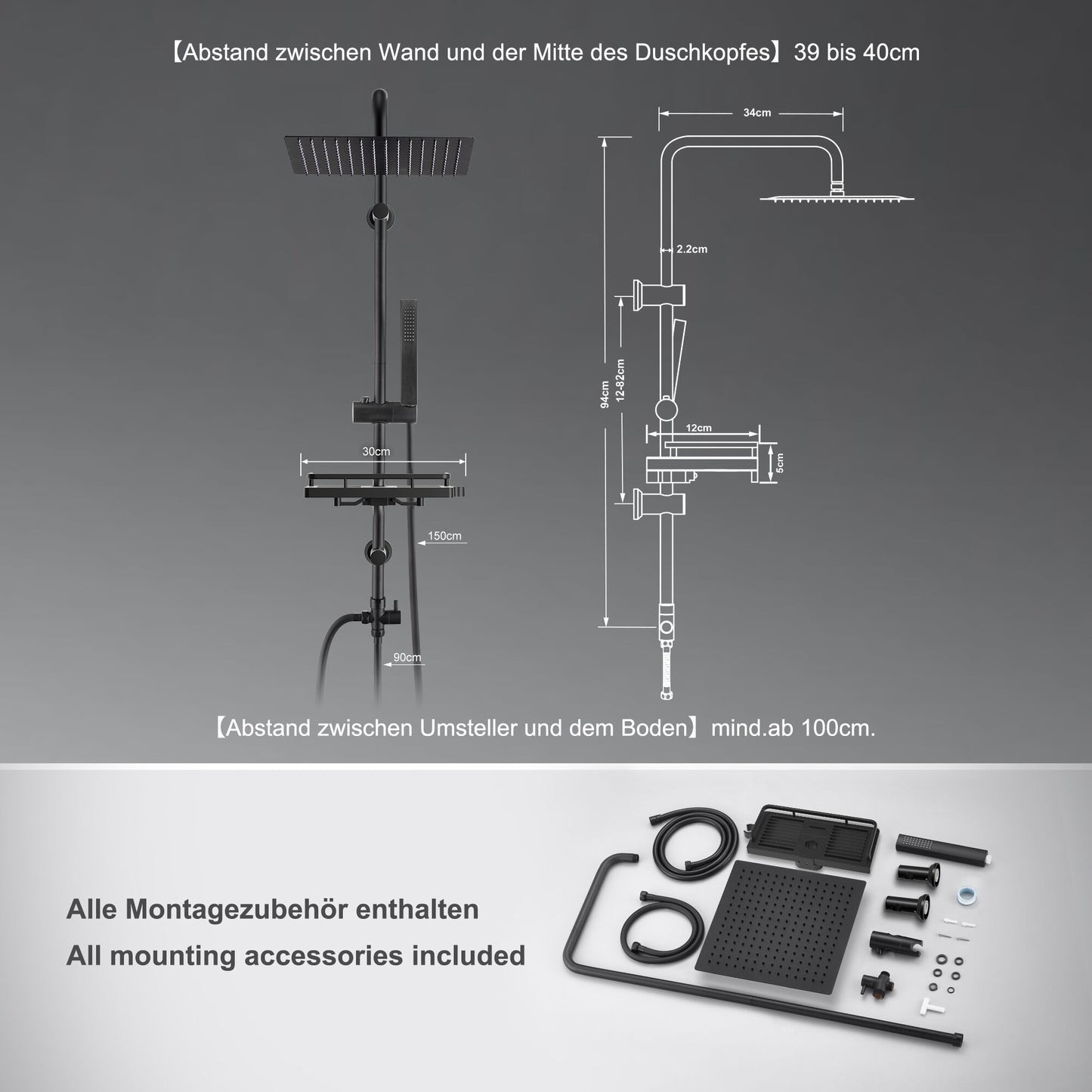JOHO Regendusche Duschsystem 92 CM mit Ablage Kopfbrause eckig Schwarz