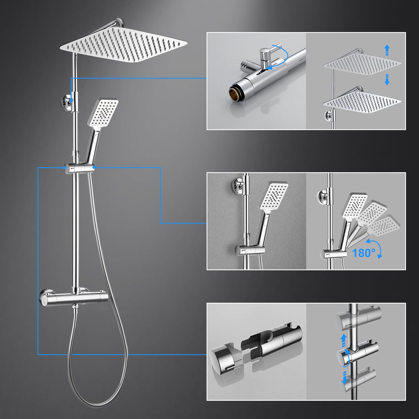 JOHO Duschsystem mit Thermostatarmatur Mischbatterie, Edelstahl Regendusche mit XXL Kopfbrause Chrom