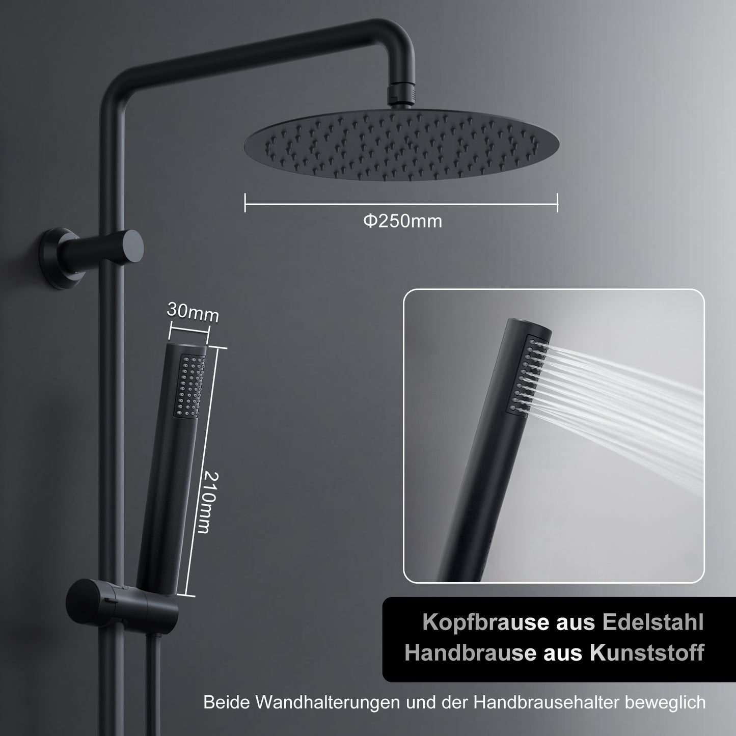 JOHO Regendusche Duschsystem ohne Armatur, Edelstahl Duschset mit 92cm Duschstange, Rund Überkopfbrause  Schwarz