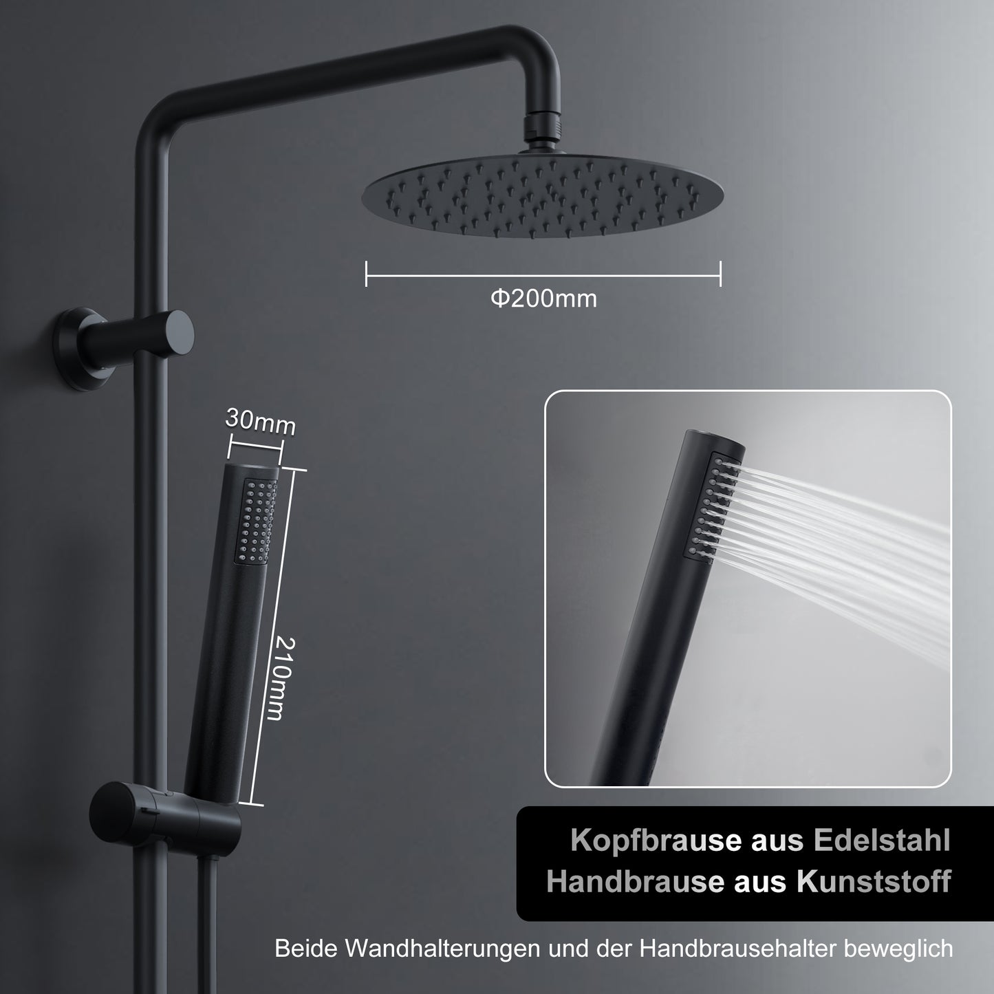 JOHO Regendusche Duschsystem ohne Armatur, Edelstahl Duschset mit 92cm Duschstange, Rund Überkopfbrause  Schwarz