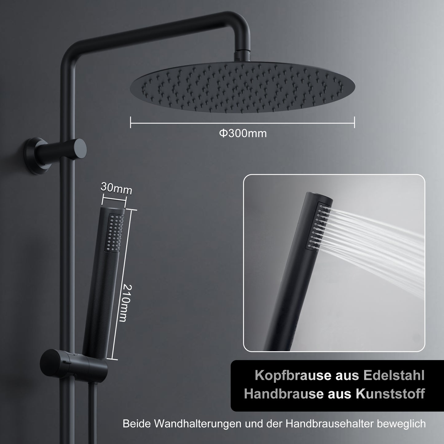 JOHO Regendusche Duschsystem ohne Armatur, Edelstahl Duschset mit 92cm Duschstange, Rund Überkopfbrause  Schwarz