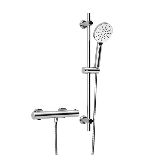 JOHO Thermostat Duscharmatur mit Duschstangen-Set, Thermostat-Brausebatterie mit Brausegarnitur, Thermostat Mischbatterie Dusche + Edelstahl Brausestangeset 70cm, Rund Chrom