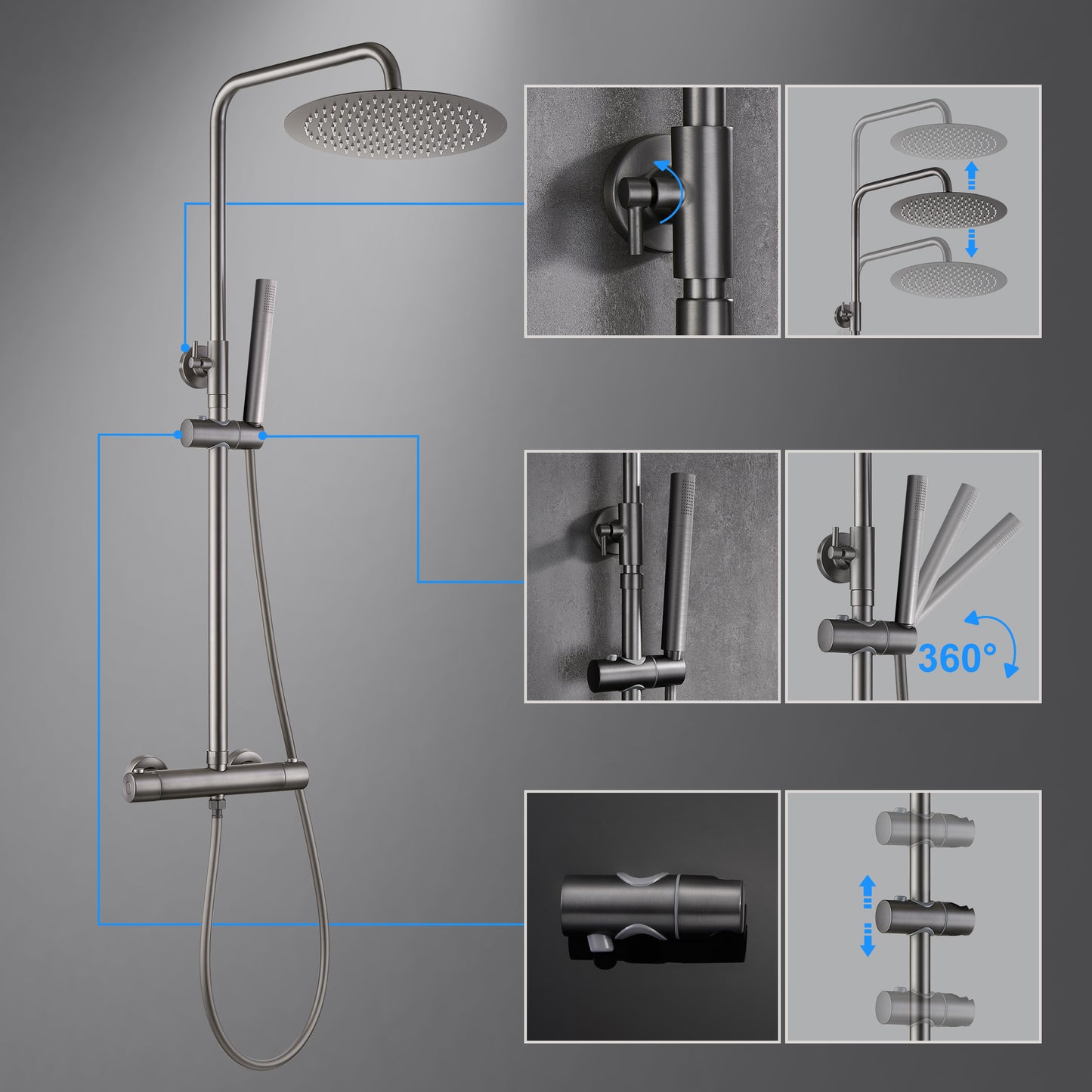 JOHO Regendusche Duschsystem mit Thermostatbatterie, Edelstahl Duschset mit Duscharmatur Komplettset, Rund Kopfbrause Gunmetal Grau