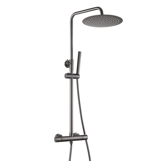 JOHO Regendusche Duschsystem mit Thermostatbatterie, Edelstahl Duschset mit Duscharmatur Komplettset, Rund Kopfbrause Gunmetal Grau