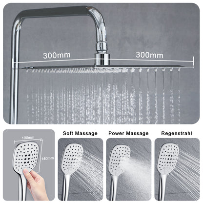 JOHO 304 Edelstahl Regendusche Duschsystem Massagedusche mit eckige Kopfbrause Chrom