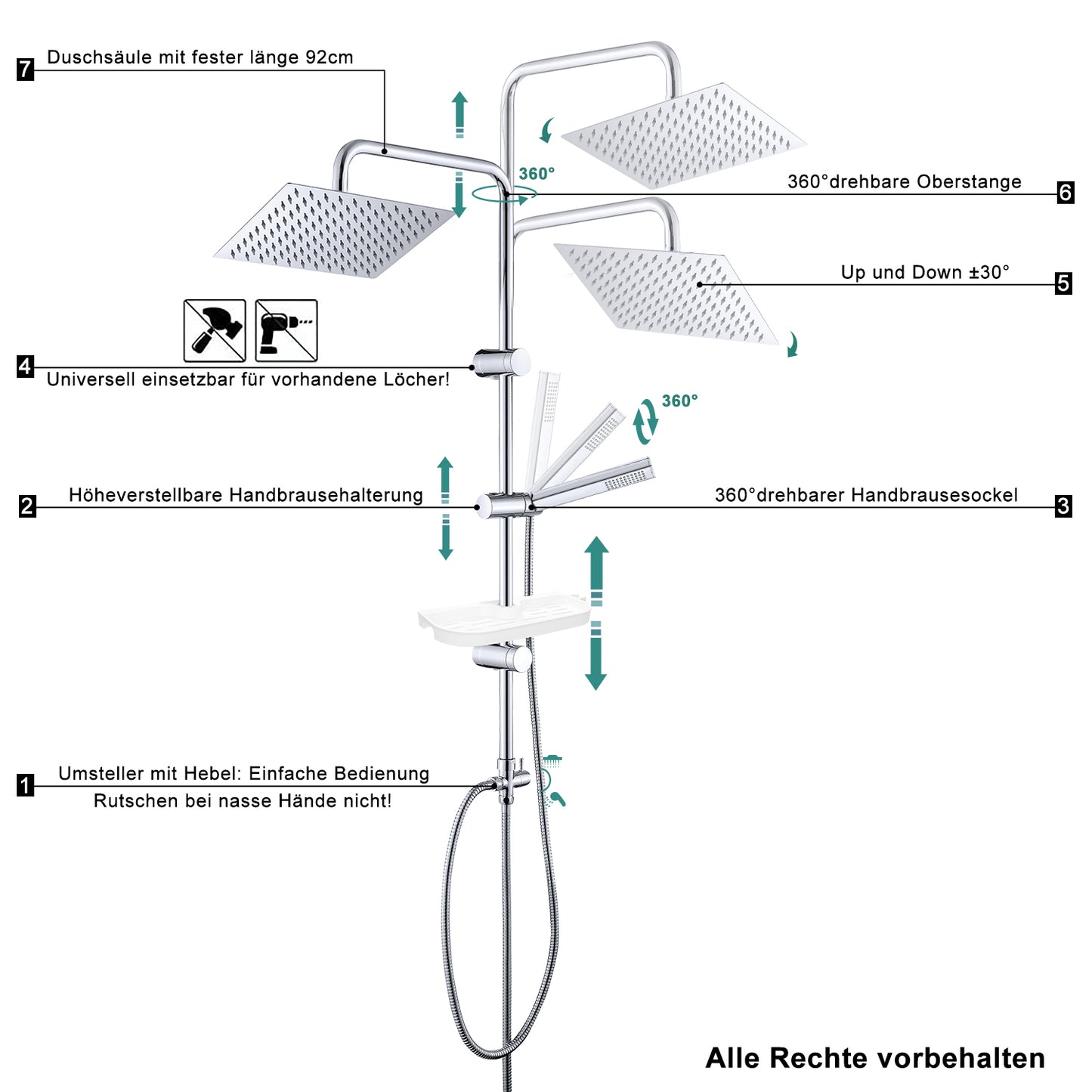 JOHO Regendusche Duschsystem 92 CM mit Ablage Kopfbrause eckig Chrom