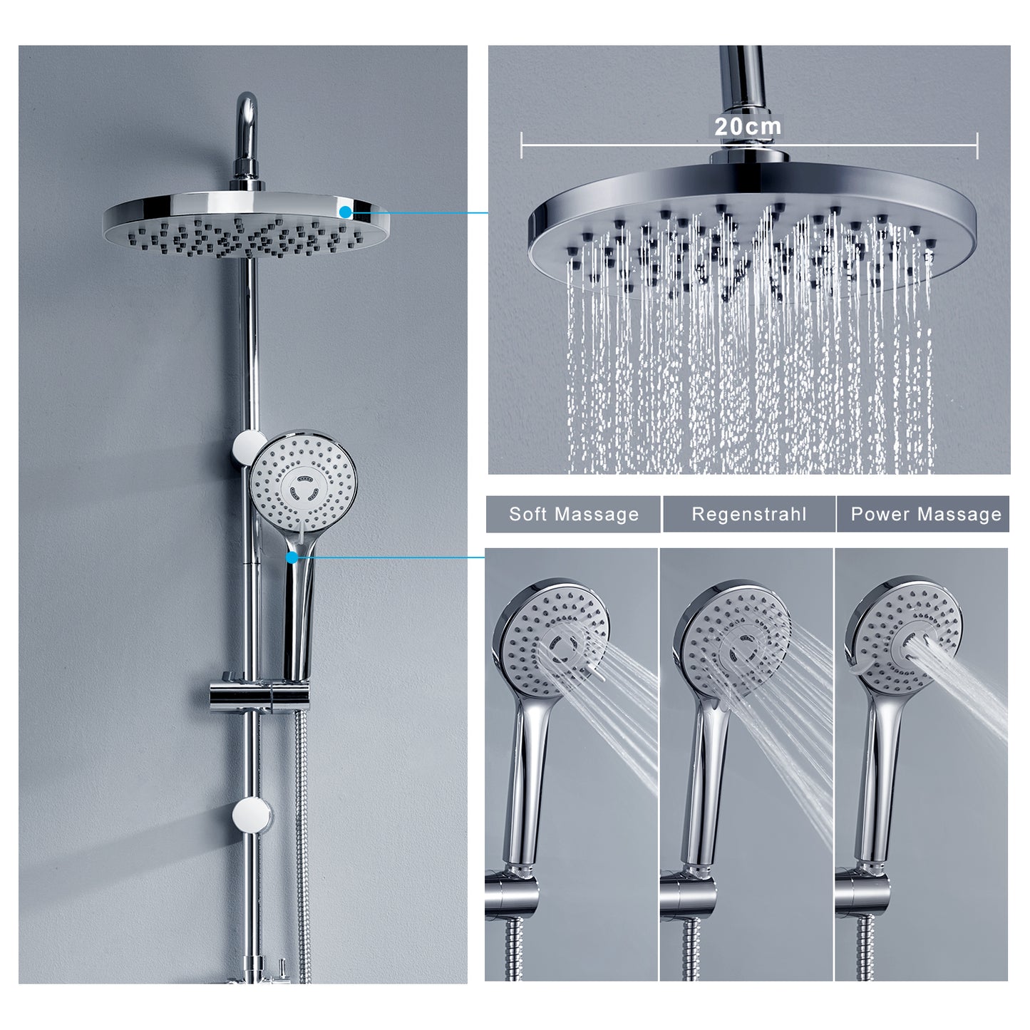 JOHO Duschsystem mit runder Regendusche und Handbrause, Duschset Chrom