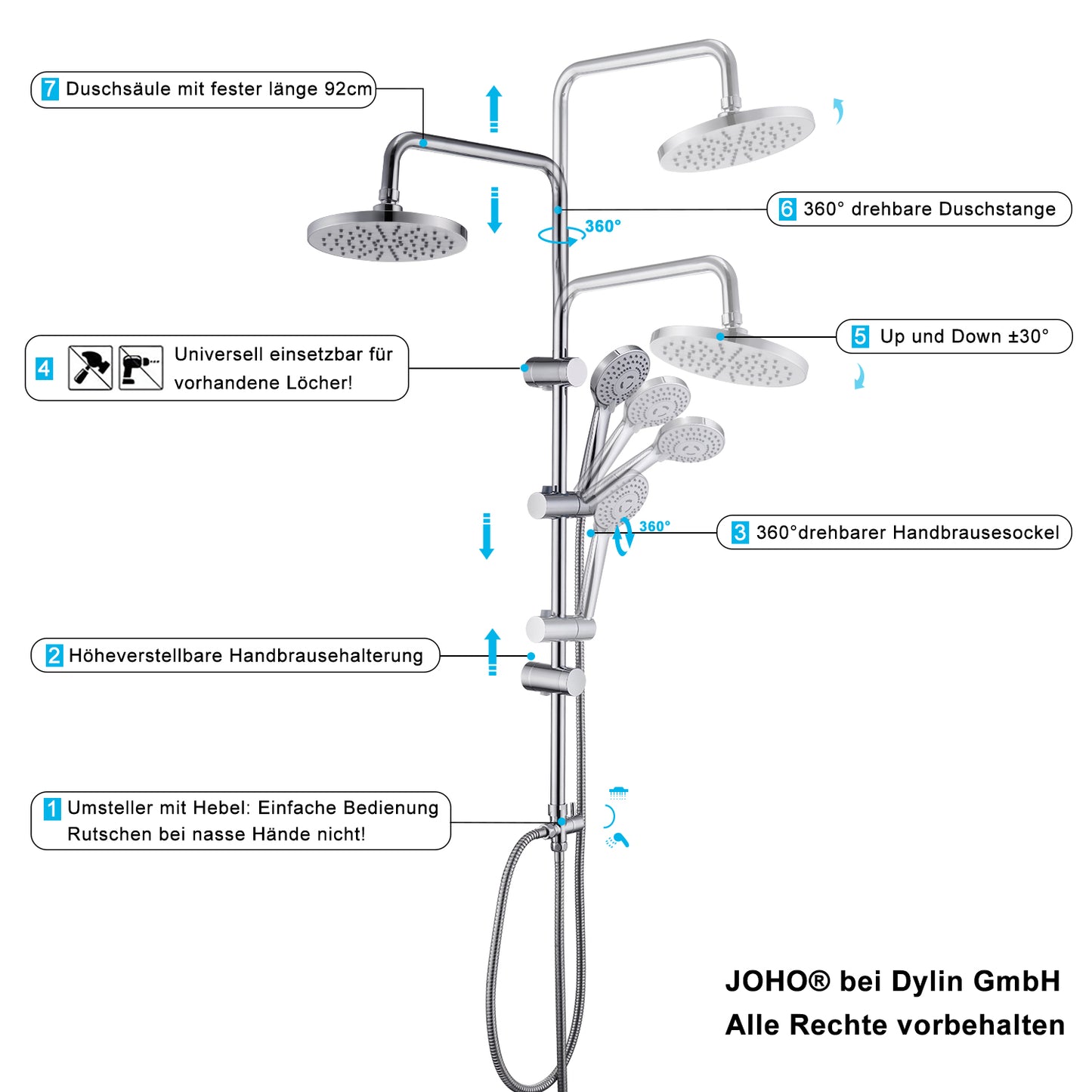 JOHO Duschsystem mit runder Regendusche und Handbrause, Duschset Chrom