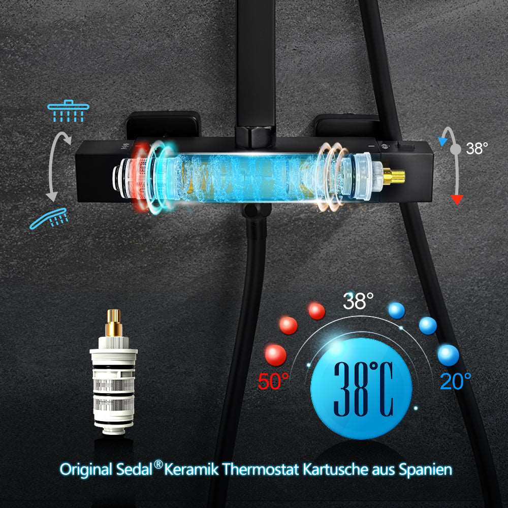 JOHO Thermostat Duschsystem Duschset matt schwarz(XXL Kopfbrause 30x30cm)